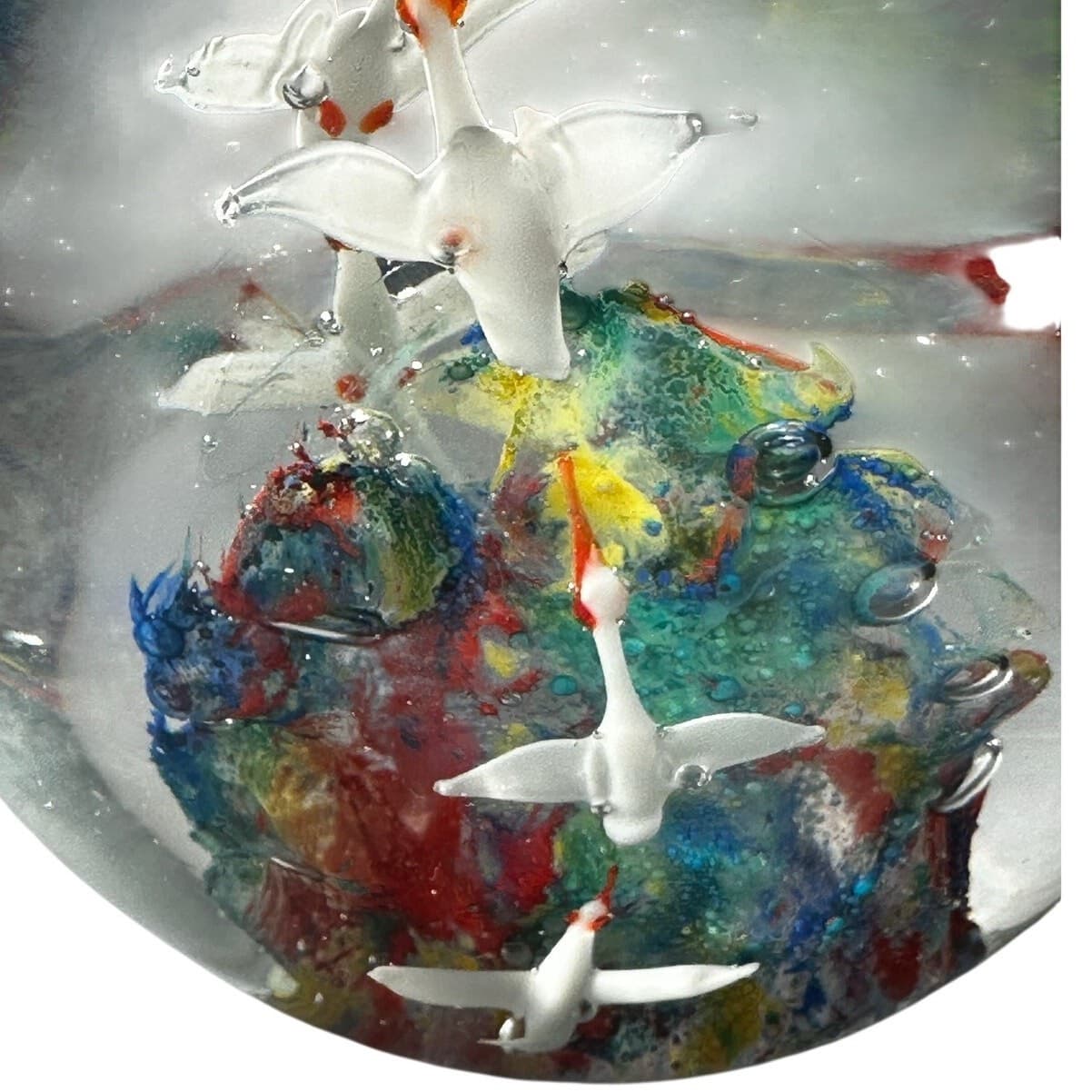 Murano Style Art Glass Paperweight Large Vibrant Colors White Birds in Flight - Thumbnail 5