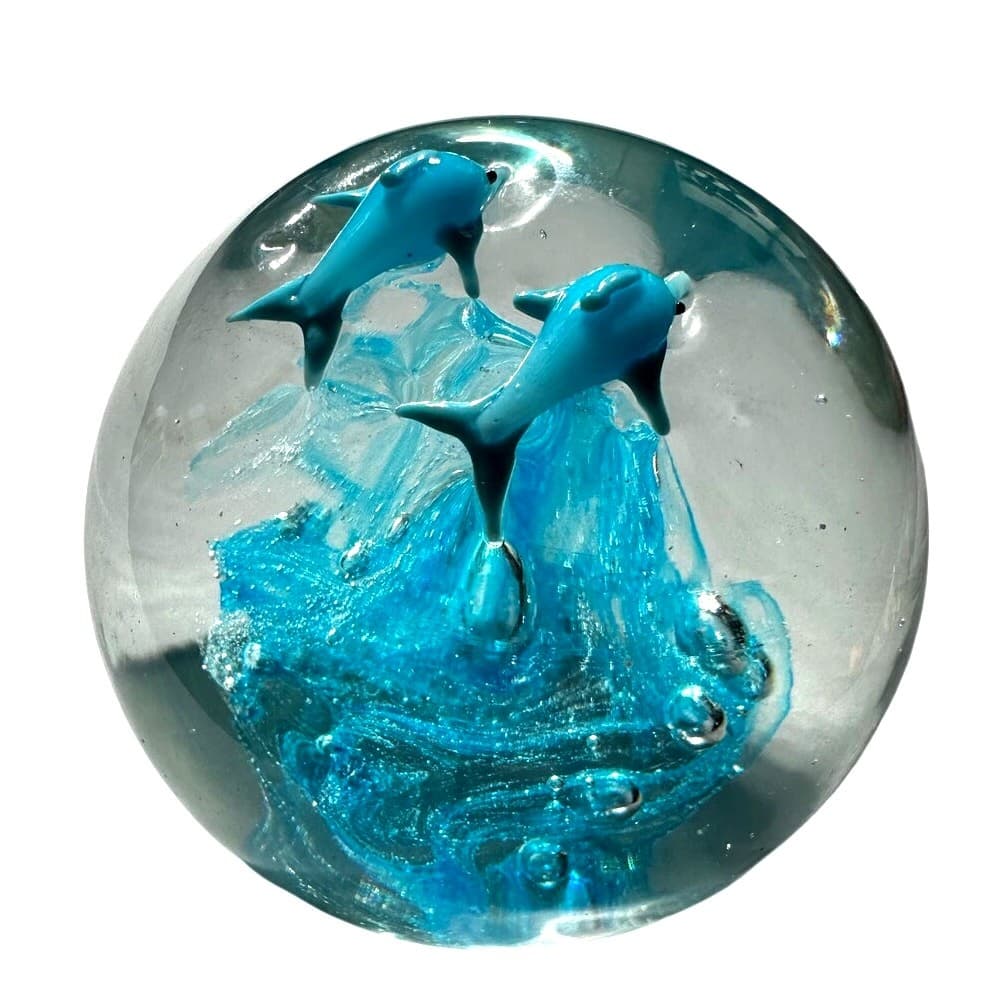 Murano Style Art Glass Paperweight Turquoise Dolphins/Base Clear Glass Bubbles - Thumbnail 4