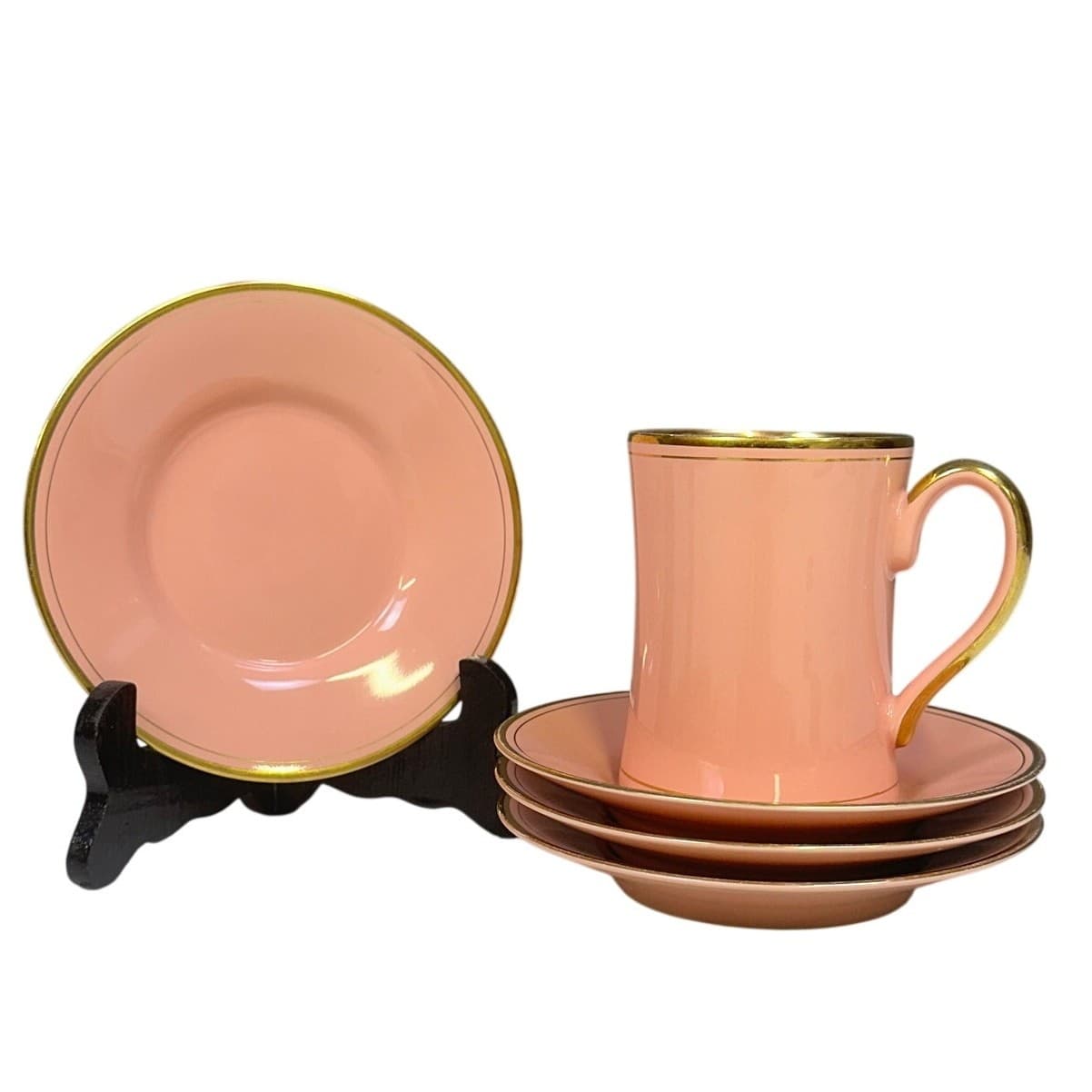 Fitz & Floyd Rare Pavillion Peach Coral Retired 1987-1988 1 Mug and 4 Saucers - Thumbnail 2