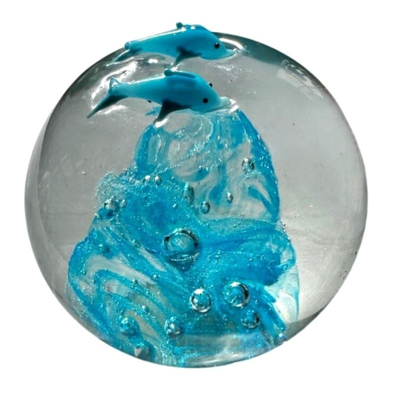 Murano Style Art Glass Paperweight Turquoise Dolphins/Base Clear Glass Bubbles - Thumbnail 2