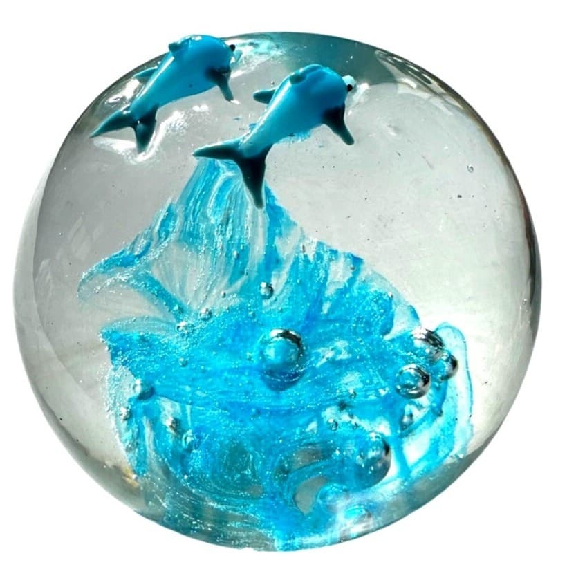 Murano Style Art Glass Paperweight Turquoise Dolphins/Base Clear Glass Bubbles - Thumbnail 3