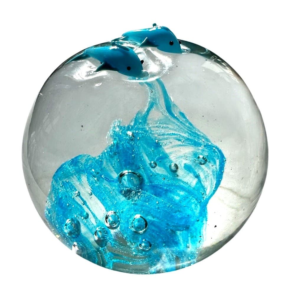 Murano Style Art Glass Paperweight Turquoise Dolphins/Base Clear Glass Bubbles