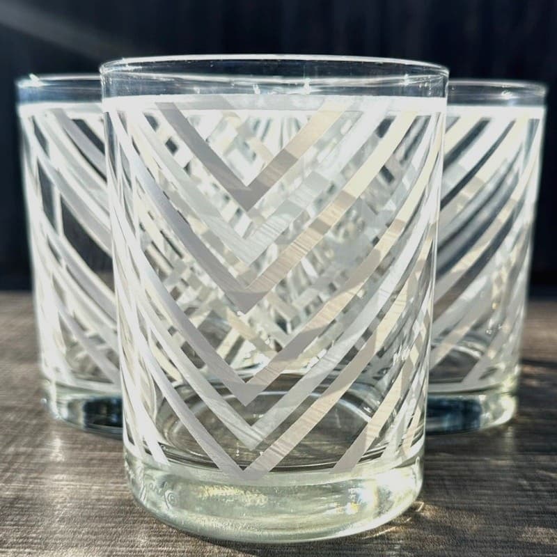 Georges Briard Signed MCM Retro Gray Chevron Double Old-Fashioned Glass-Set of 4 - Thumbnail 8