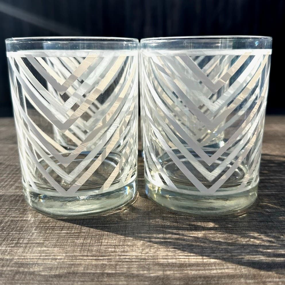 Georges Briard Signed MCM Retro Gray Chevron Double Old-Fashioned Glass-Set of 4 - Thumbnail 4