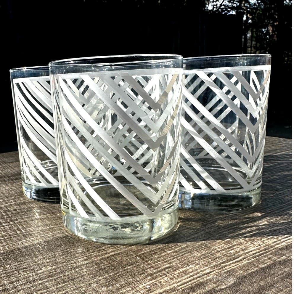 Georges Briard Signed MCM Retro Gray Chevron Double Old-Fashioned Glass-Set of 4 - Thumbnail 6