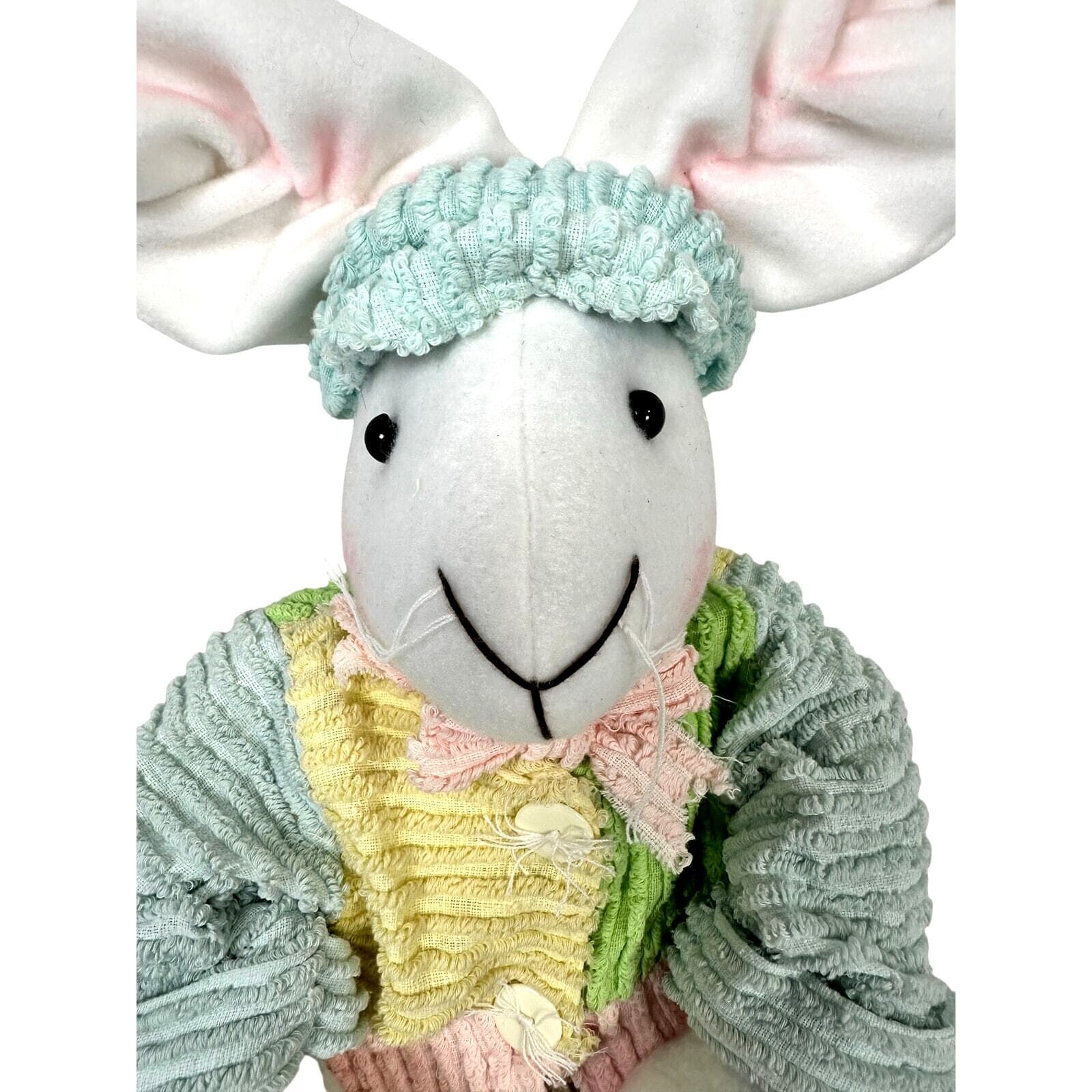 Chenille Stuffed Handmade Vintage Bunny in Multi-Pastel Sweater & Cap-Adorable! - Thumbnail 2