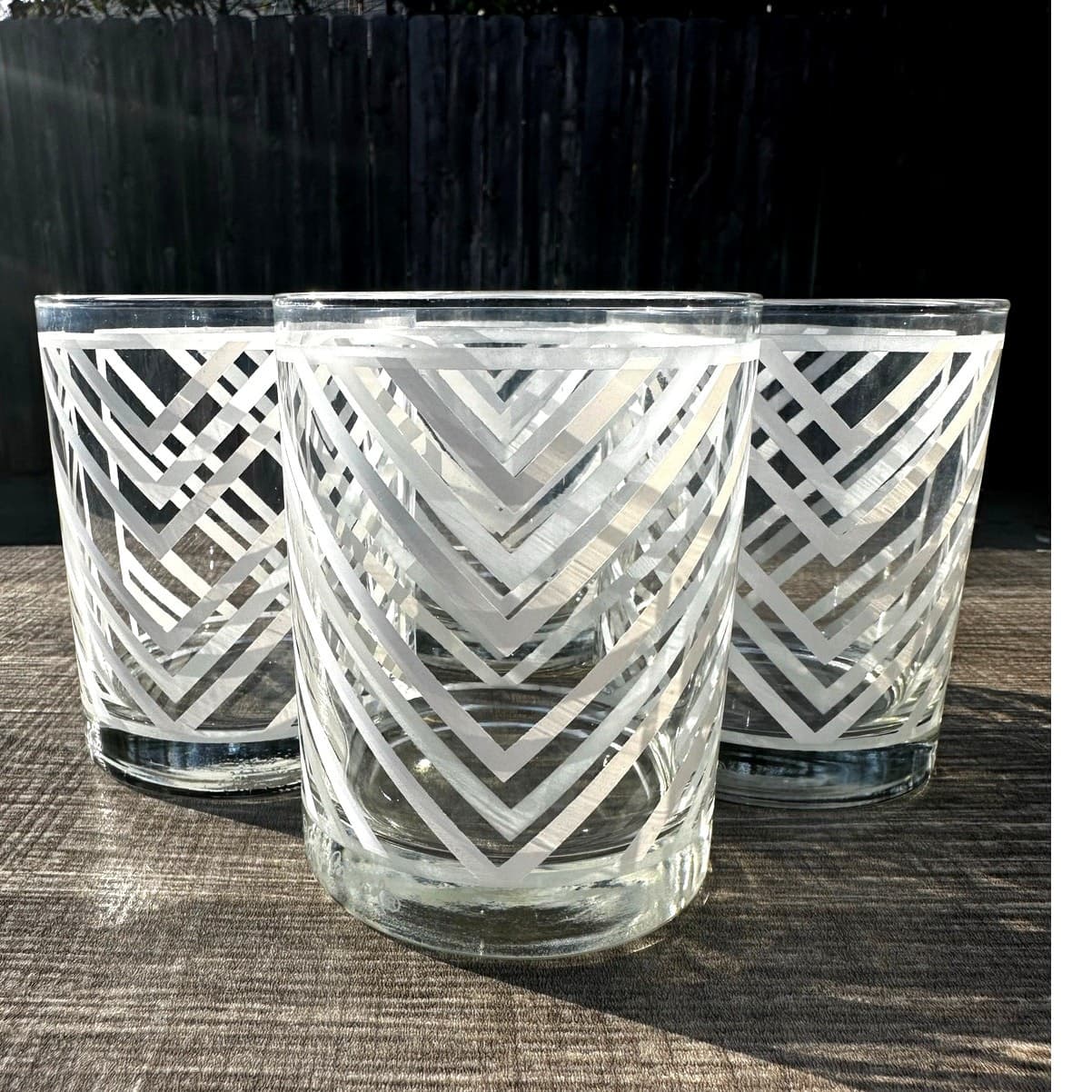 Georges Briard Signed MCM Retro Gray Chevron Double Old-Fashioned Glass-Set of 4