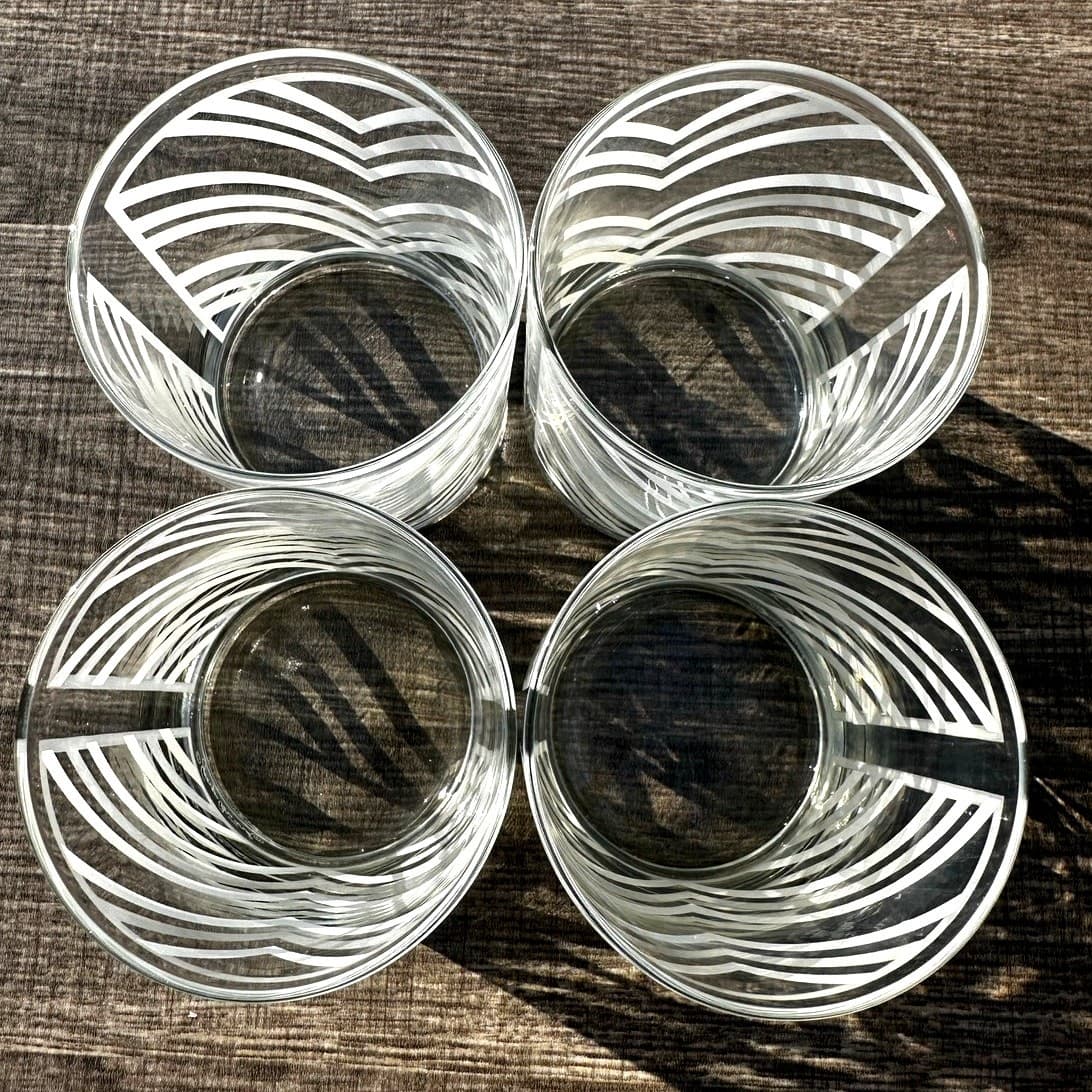 Georges Briard Signed MCM Retro Gray Chevron Double Old-Fashioned Glass-Set of 4 - Thumbnail 3
