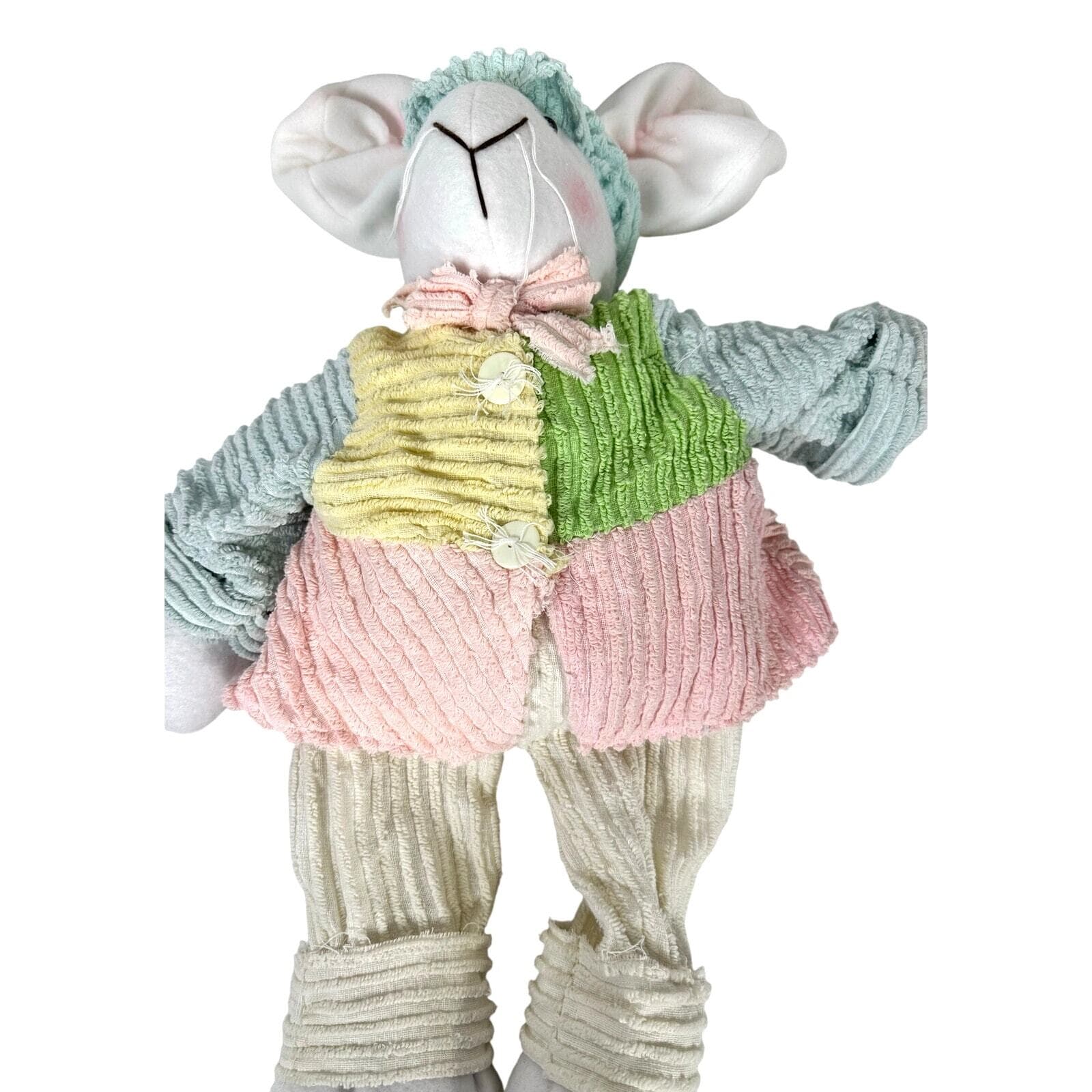 Chenille Stuffed Handmade Vintage Bunny in Multi-Pastel Sweater & Cap-Adorable! - Thumbnail 5