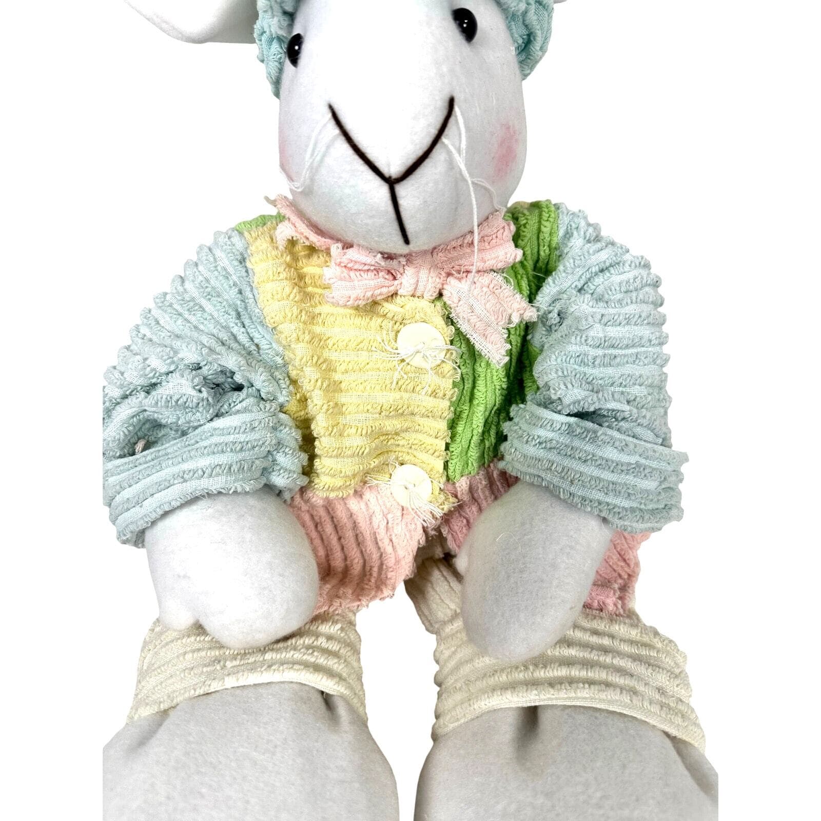 Chenille Stuffed Handmade Vintage Bunny in Multi-Pastel Sweater & Cap-Adorable! - Thumbnail 3