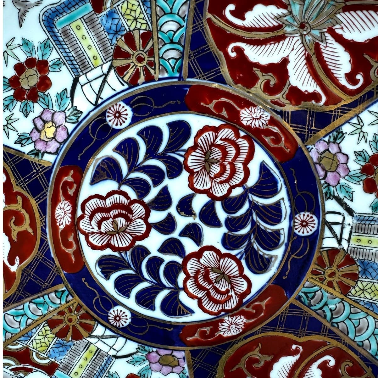 Japanese Vintage Imari Enameled Gilded 12" Porcelain Charger Plate-Excellent - Thumbnail 2