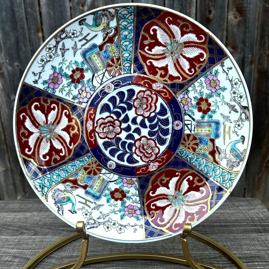 Japanese Vintage Imari Enameled Gilded 12" Porcelain Charger Plate-Excellent