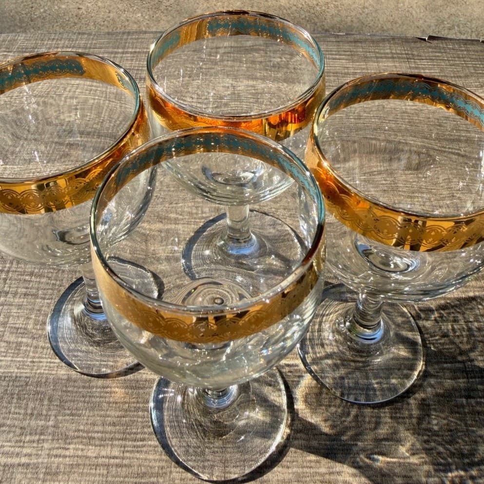 Moroccan Style MCM Gold Encrusted/Blue Motif 5.5" Stem Sherry Glasses-Set of 4 - Thumbnail 5