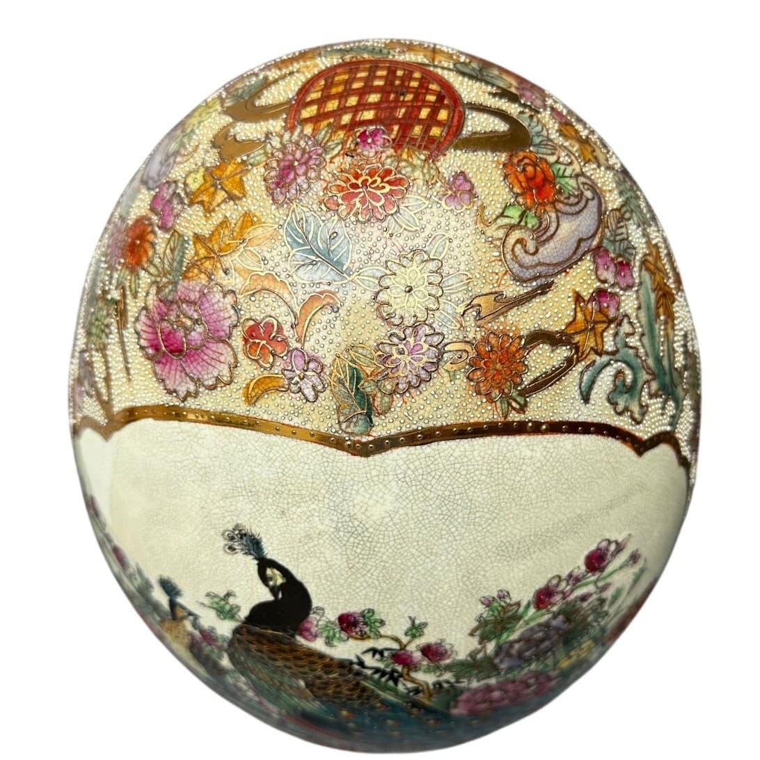 Japanese Satsuma Moriage Hand Painted 16.25" Egg Peacock Design Gold Gilt Work - Thumbnail 4