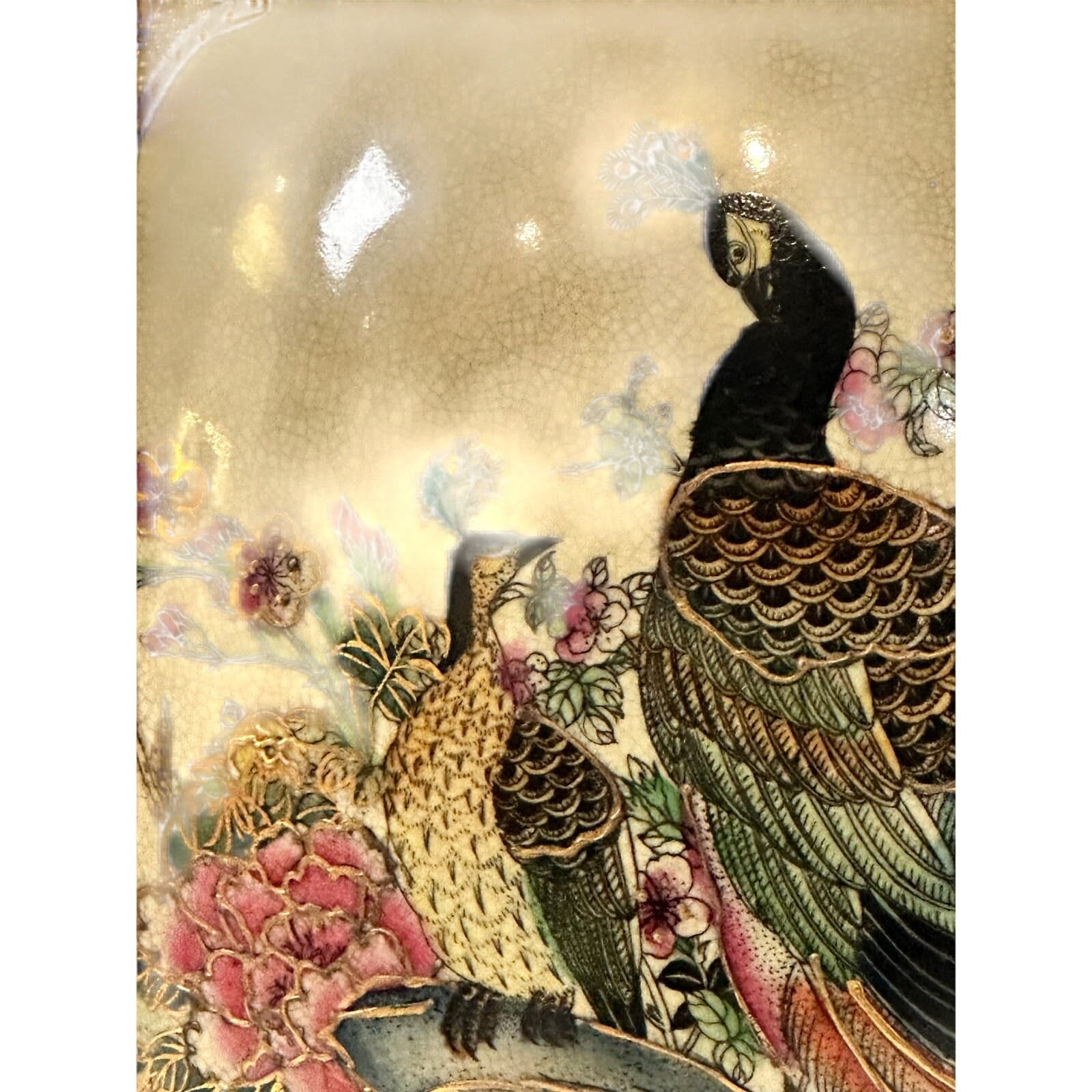 Japanese Satsuma Moriage Hand Painted 16.25" Egg Peacock Design Gold Gilt Work - Thumbnail 2