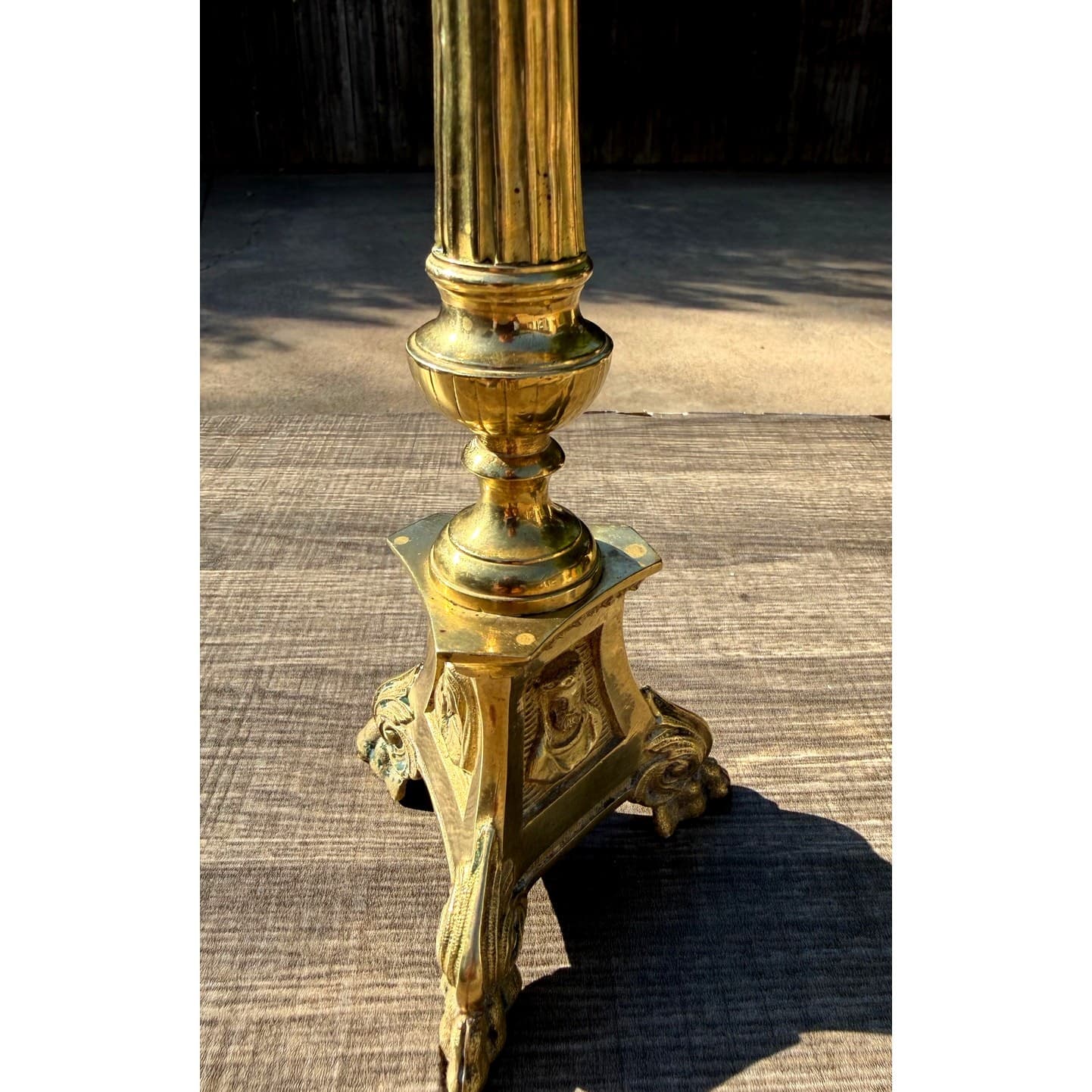 Antique Church Altar Brass Mary Joseph Jesus 12" Fluted Stem Tripod Candlestick - Thumbnail 8
