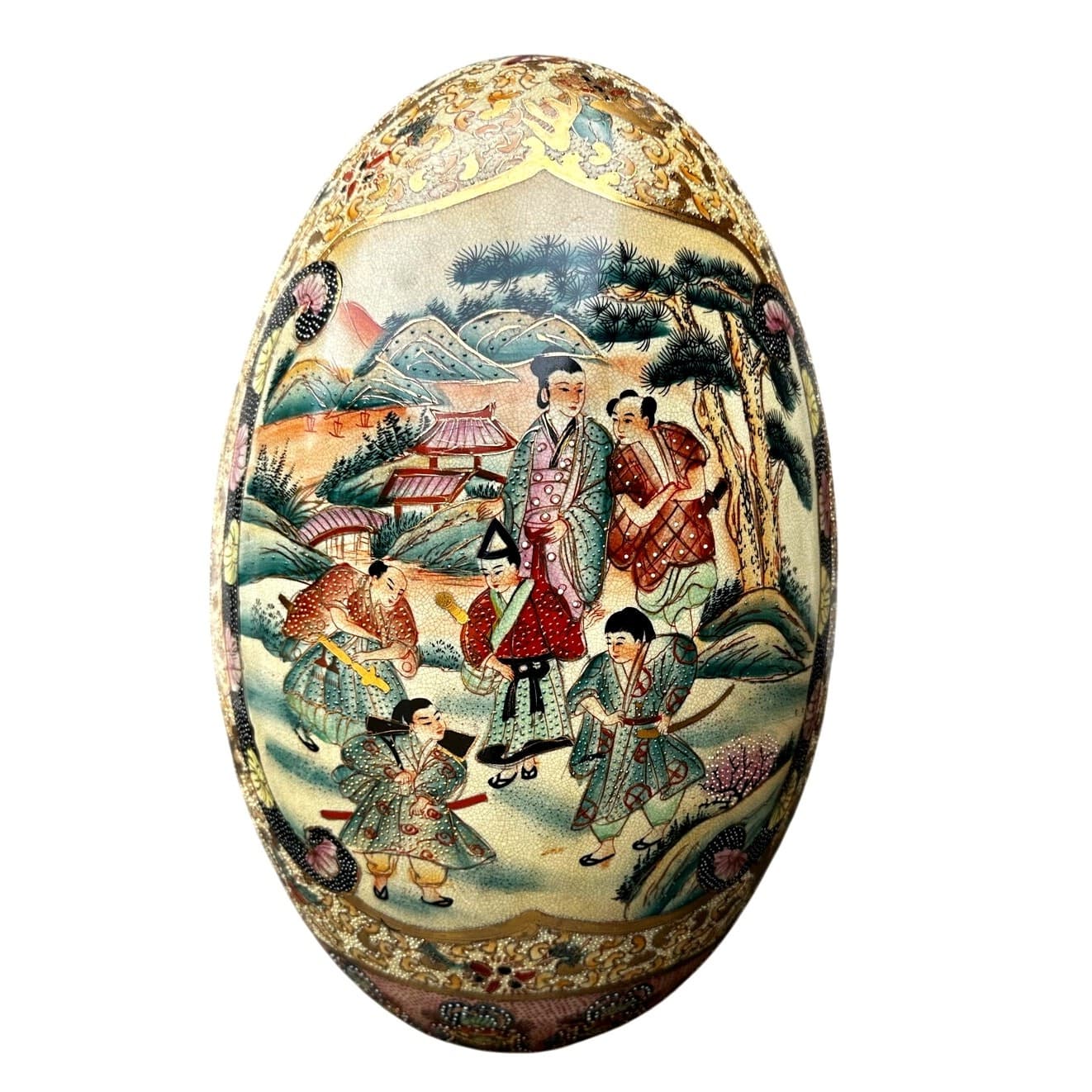 Japanese Satsuma Moriage Hand Painted 16.25" Egg Figural Panels Gold Gilt Work - Thumbnail 3