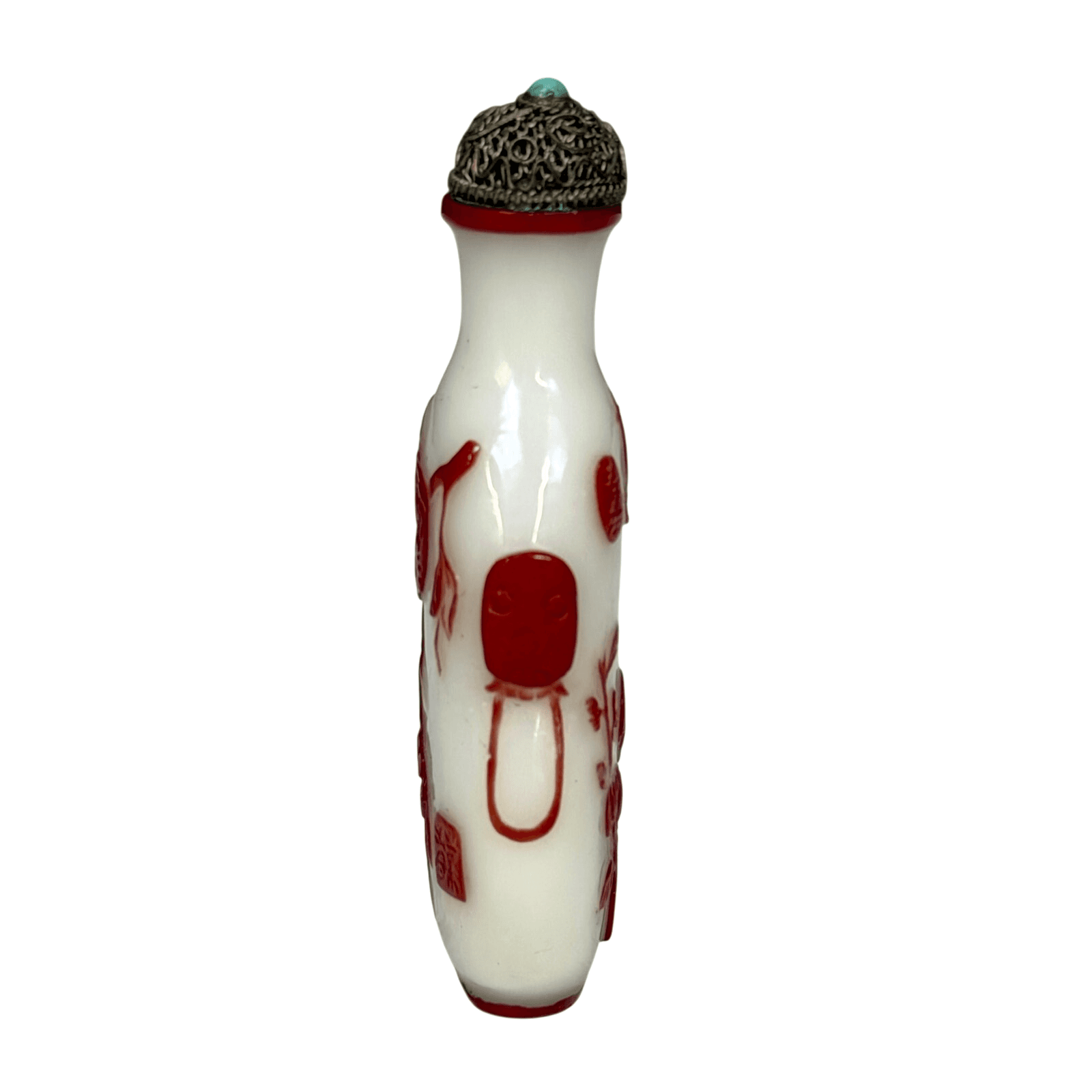 Vintage Chinese Milk Glass Snuff Jar Red Bird Floral Design Filigree Lid/Spoon - Thumbnail 4