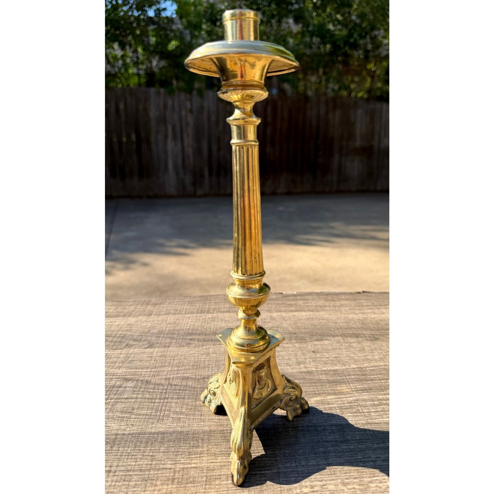 Antique Church Altar Brass Mary Joseph Jesus 12" Fluted Stem Tripod Candlestick - Thumbnail 3