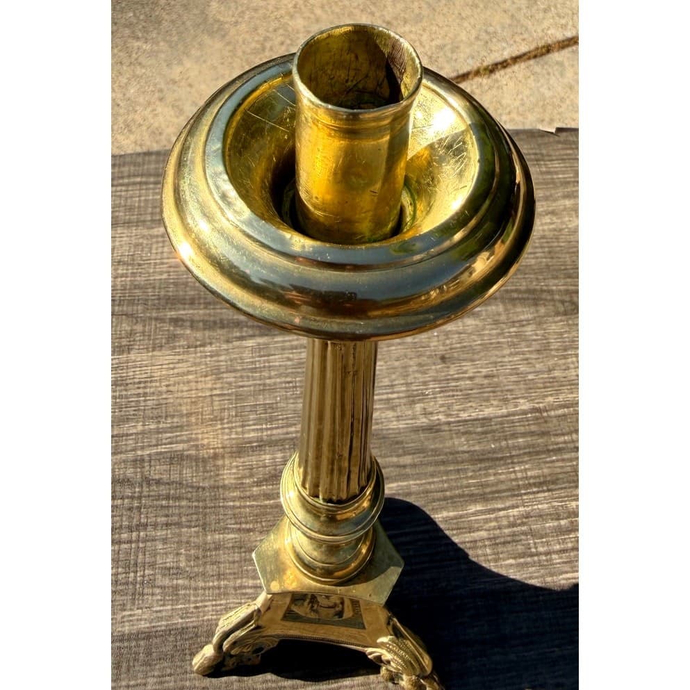 Antique Church Altar Brass Mary Joseph Jesus 12" Fluted Stem Tripod Candlestick - Thumbnail 7