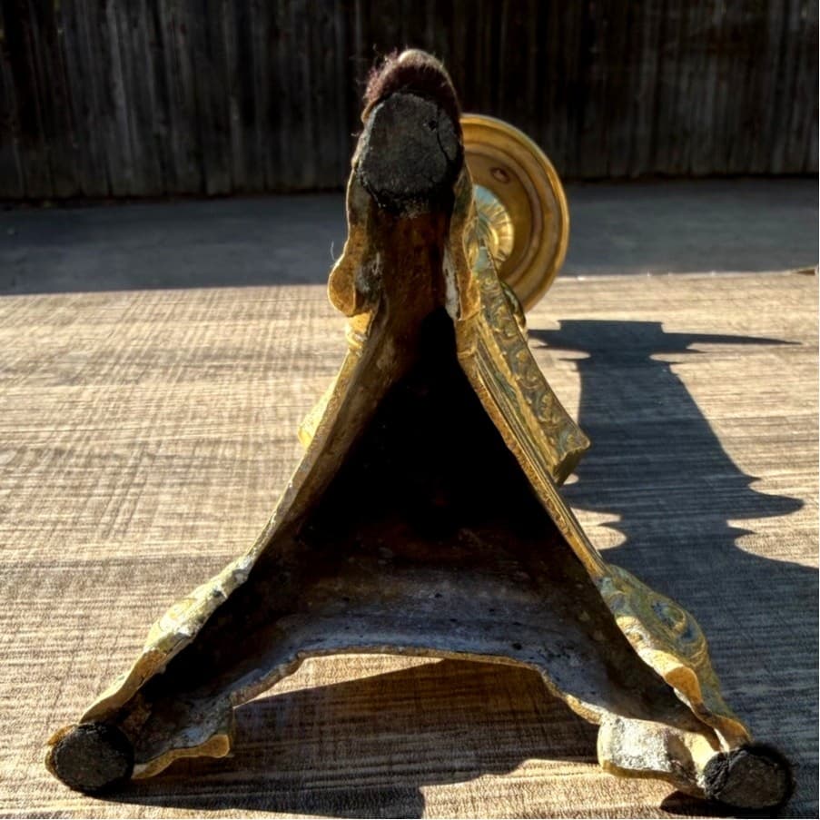 Antique Church Altar Brass Mary Joseph Jesus 12" Fluted Stem Tripod Candlestick - Thumbnail 10