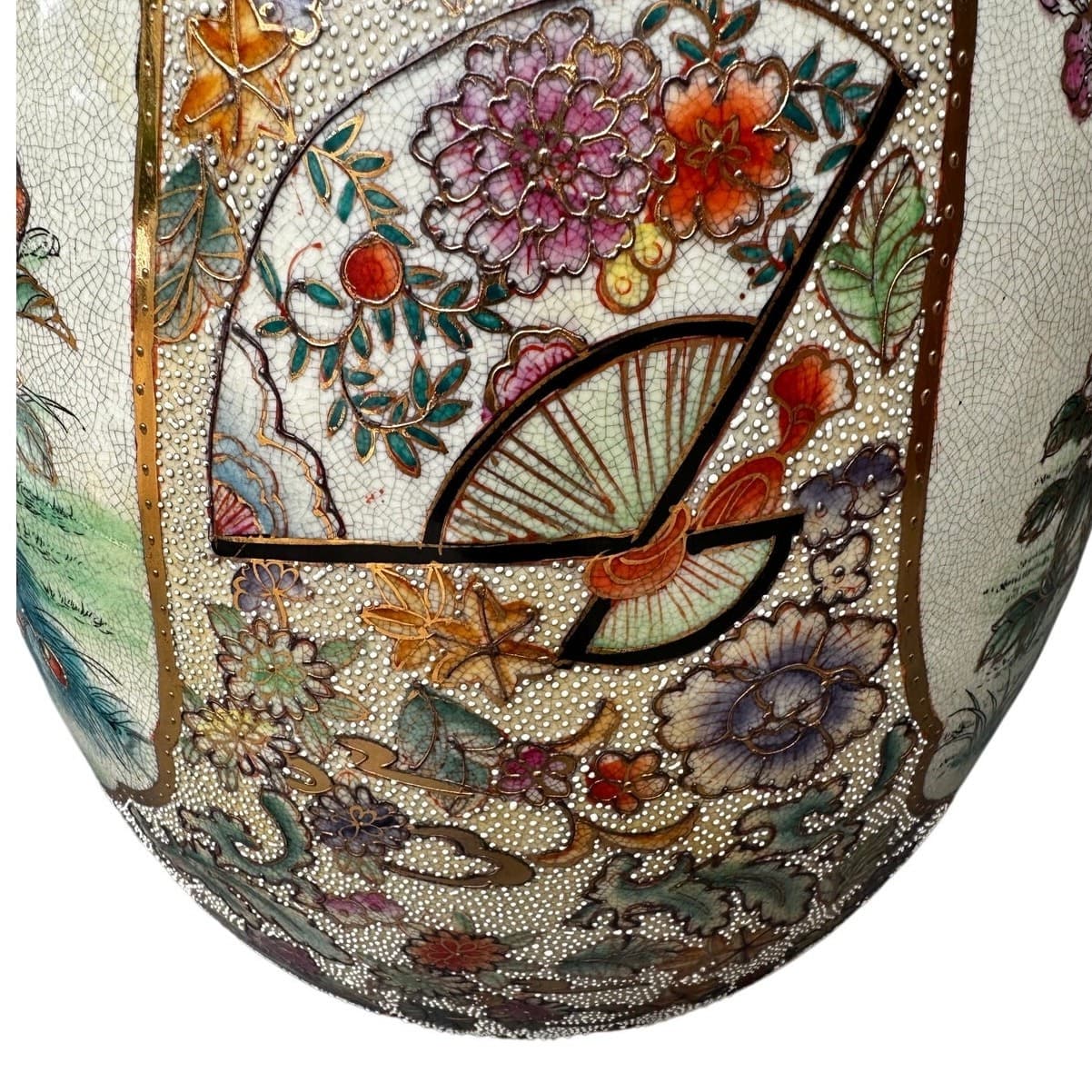 Japanese Satsuma Moriage Hand Painted 16.25" Egg Peacock Design Gold Gilt Work - Thumbnail 14