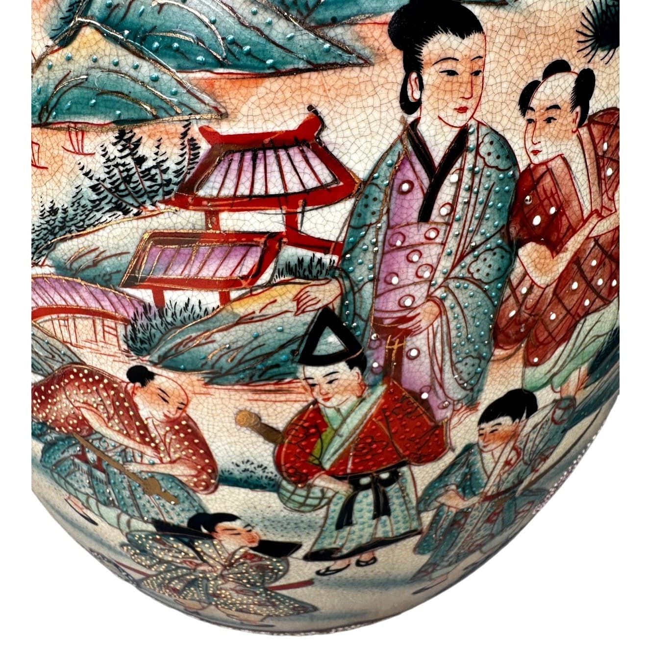 Japanese Satsuma Moriage Hand Painted 16.25" Egg Figural Panels Gold Gilt Work - Thumbnail 8