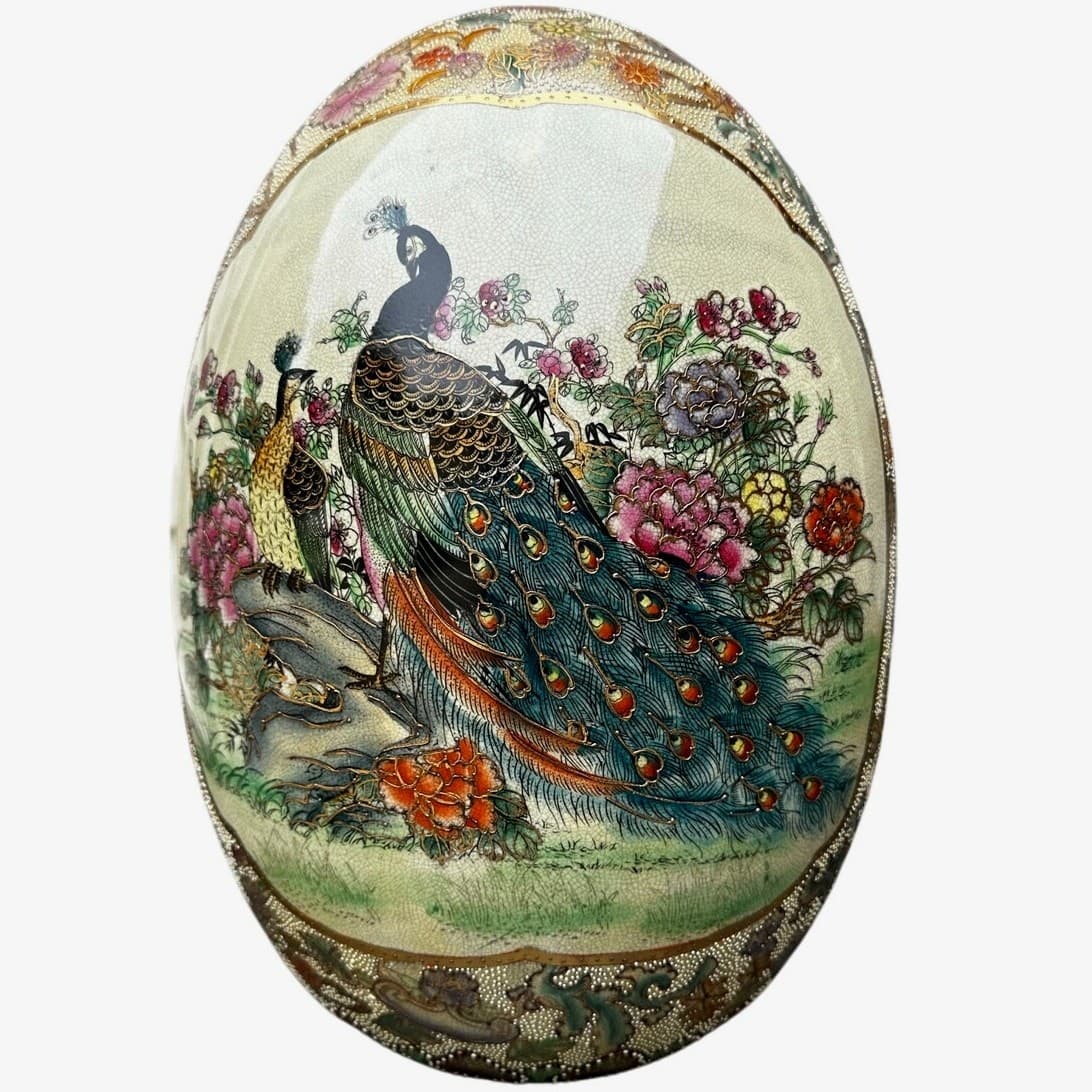 Japanese Satsuma Moriage Hand Painted 16.25" Egg Peacock Design Gold Gilt Work - Thumbnail 3