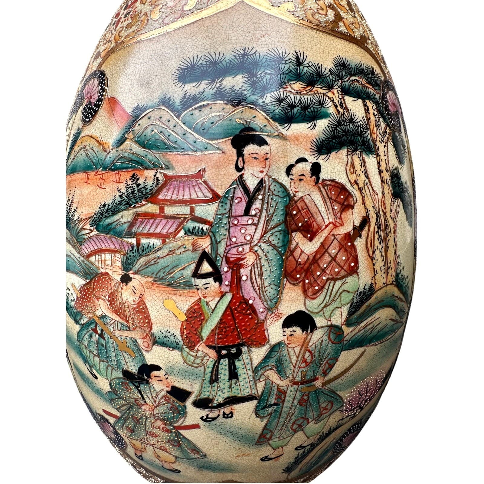 Japanese Satsuma Moriage Hand Painted 16.25" Egg Figural Panels Gold Gilt Work - Thumbnail 2