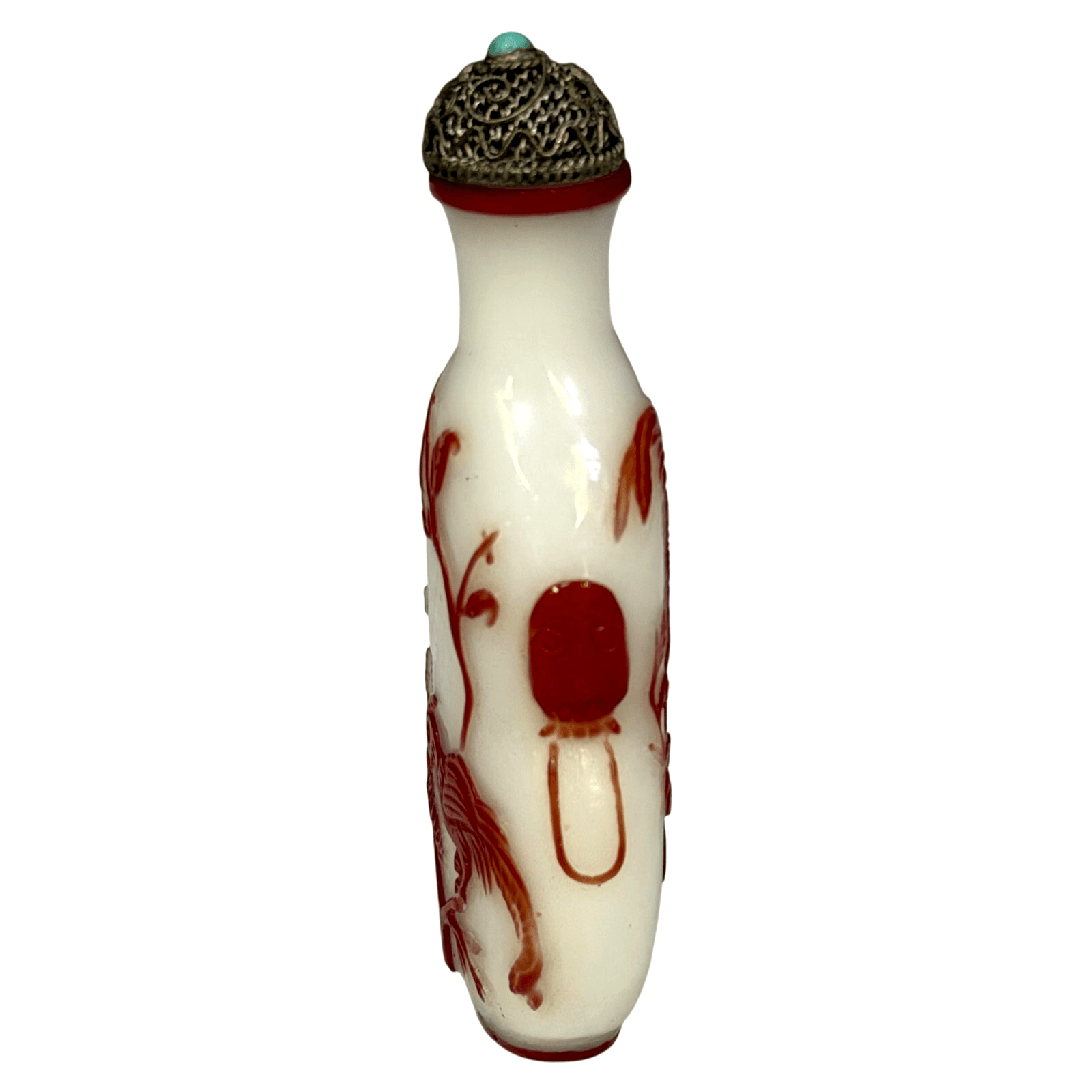 Vintage Chinese Milk Glass Snuff Jar Red Bird Floral Design Filigree Lid/Spoon - Thumbnail 2