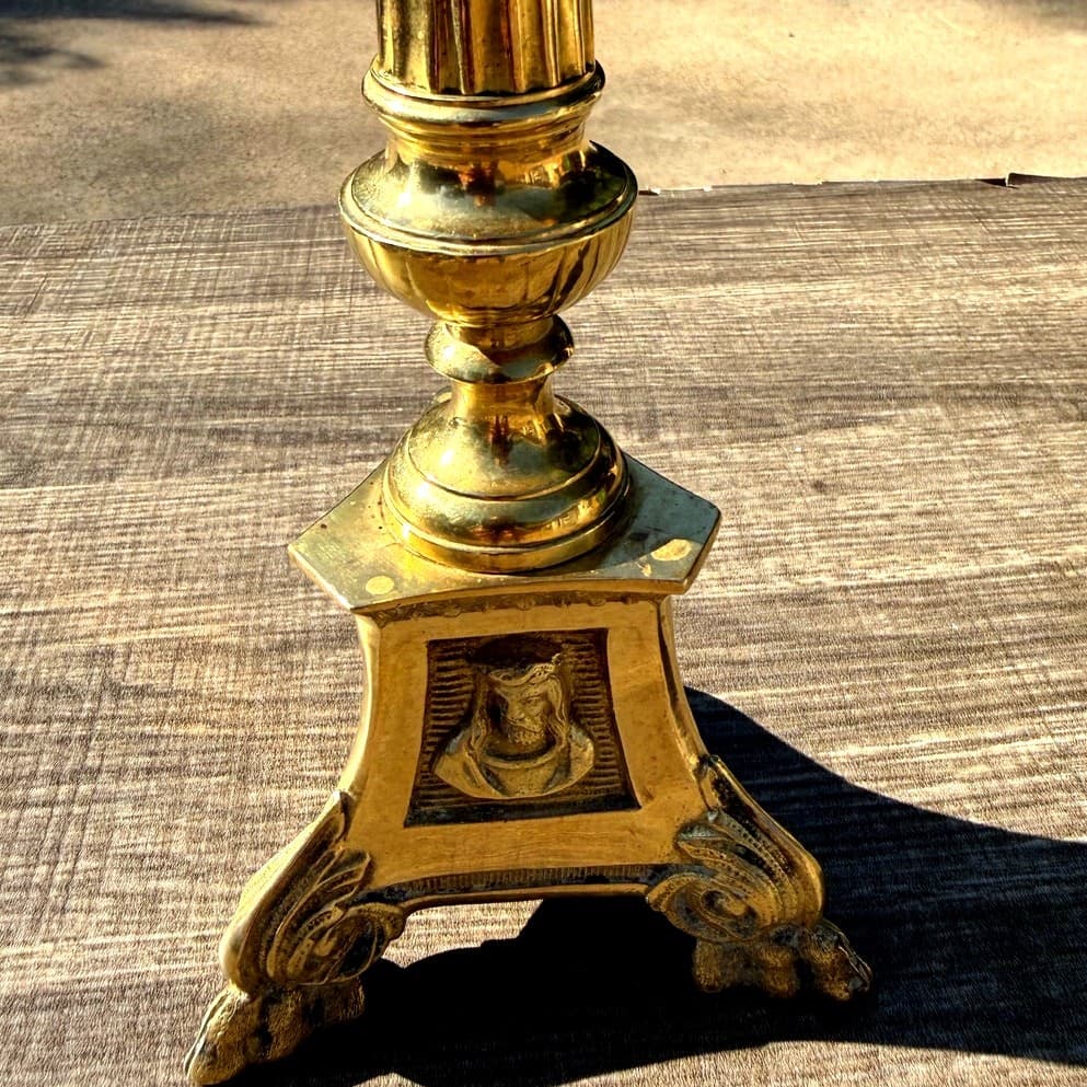Antique Church Altar Brass Mary Joseph Jesus 12" Fluted Stem Tripod Candlestick - Thumbnail 2