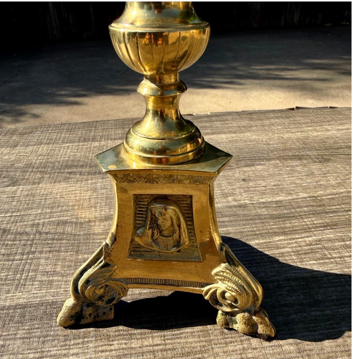 Antique Church Altar Brass Mary Joseph Jesus 12" Fluted Stem Tripod Candlestick - Thumbnail 4