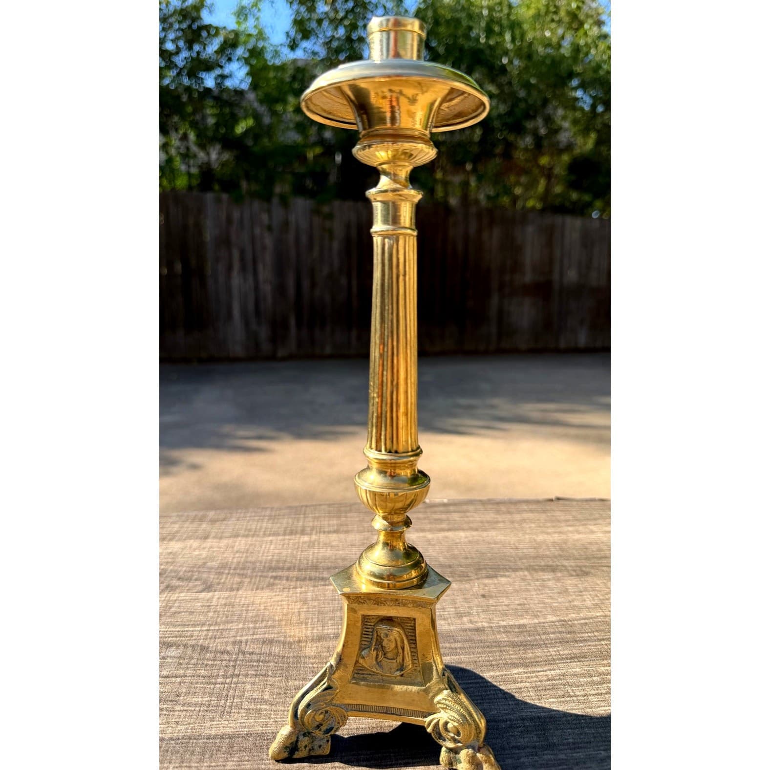 Antique Church Altar Brass Mary Joseph Jesus 12" Fluted Stem Tripod Candlestick - Thumbnail 6