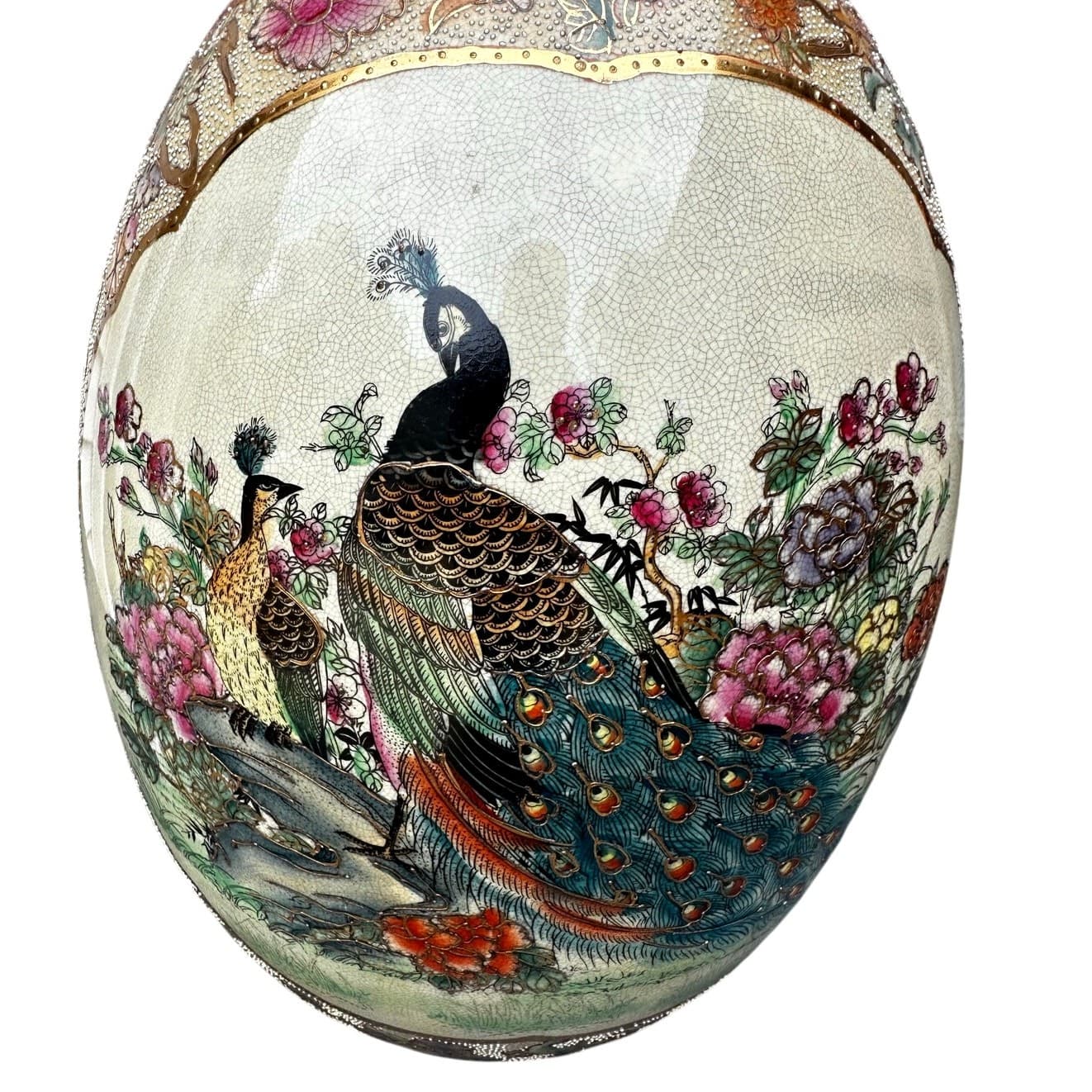 Japanese Satsuma Moriage Hand Painted 16.25" Egg Peacock Design Gold Gilt Work - Thumbnail 5