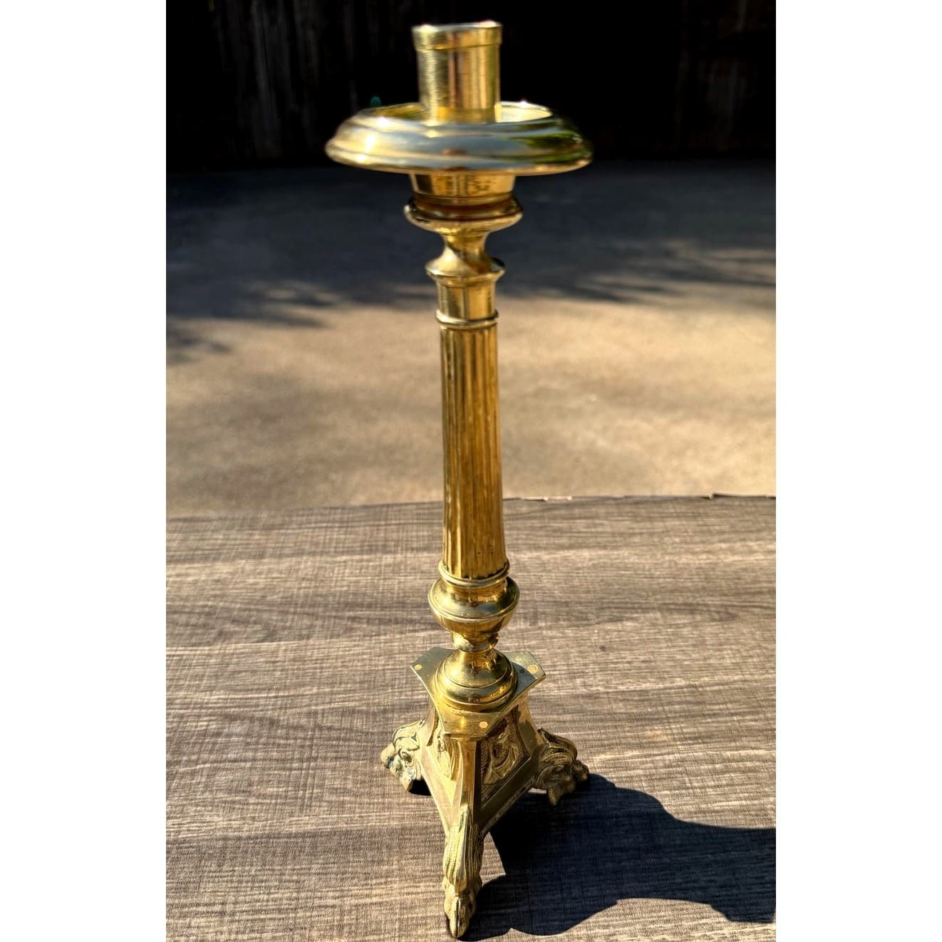 Antique Church Altar Brass Mary Joseph Jesus 12" Fluted Stem Tripod Candlestick - Thumbnail 5