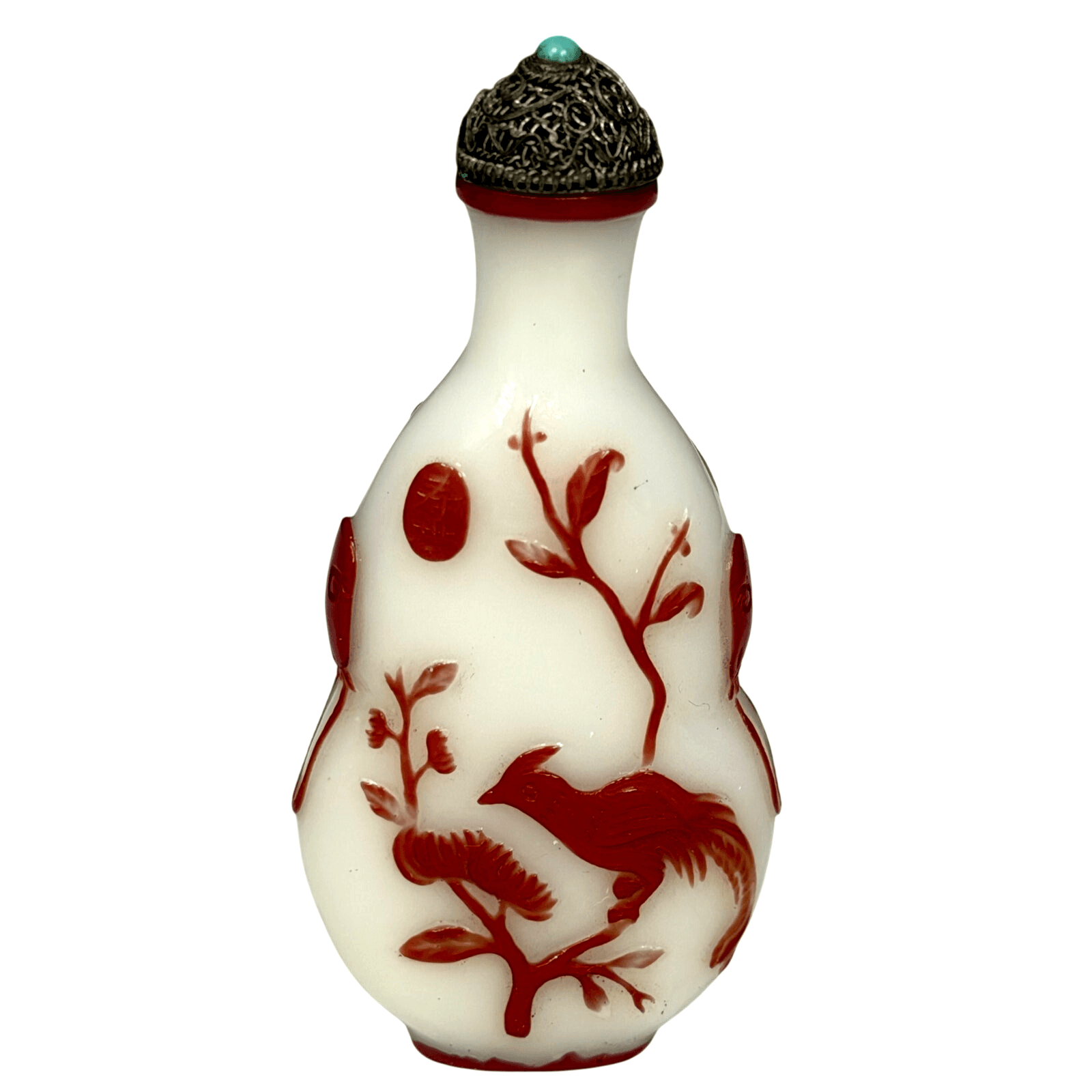 Vintage Chinese Milk Glass Snuff Jar Red Bird Floral Design Filigree Lid/Spoon