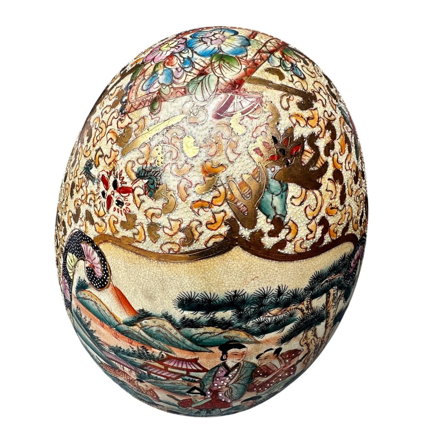 Japanese Satsuma Moriage Hand Painted 16.25" Egg Figural Panels Gold Gilt Work - Thumbnail 7