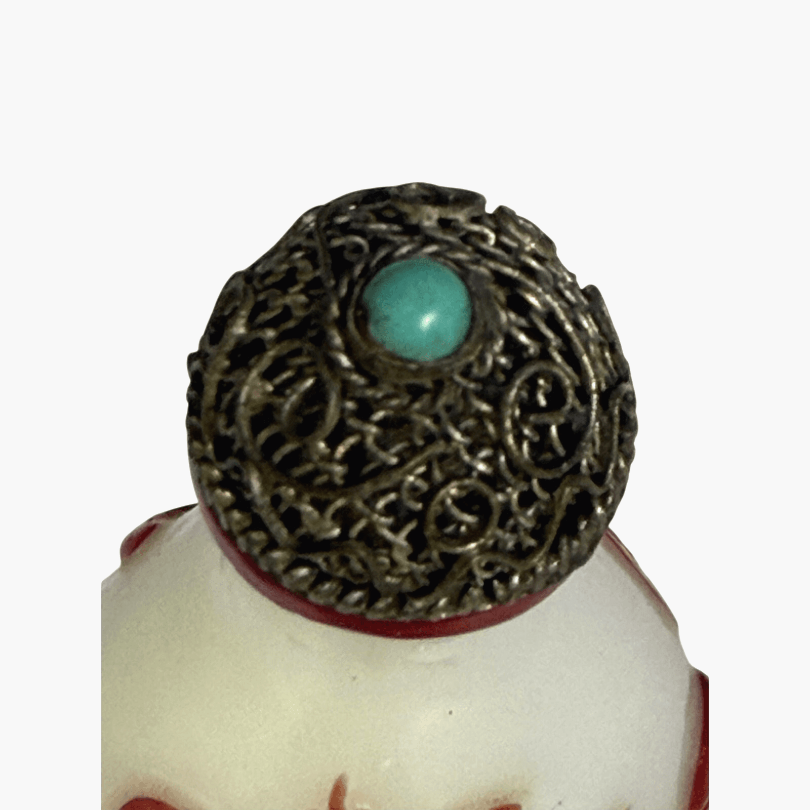 Vintage Chinese Milk Glass Snuff Jar Red Bird Floral Design Filigree Lid/Spoon - Thumbnail 5