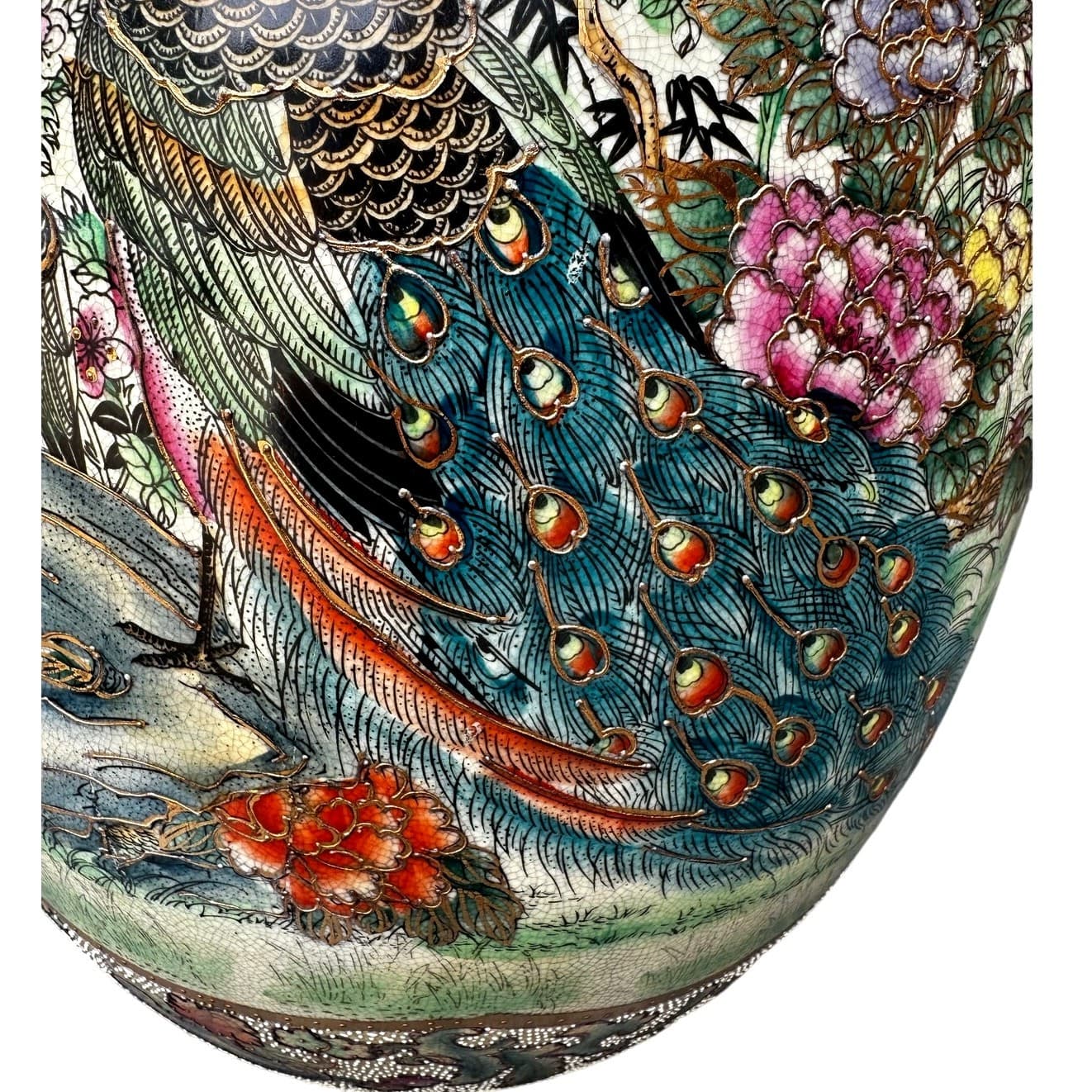 Japanese Satsuma Moriage Hand Painted 16.25" Egg Peacock Design Gold Gilt Work - Thumbnail 8