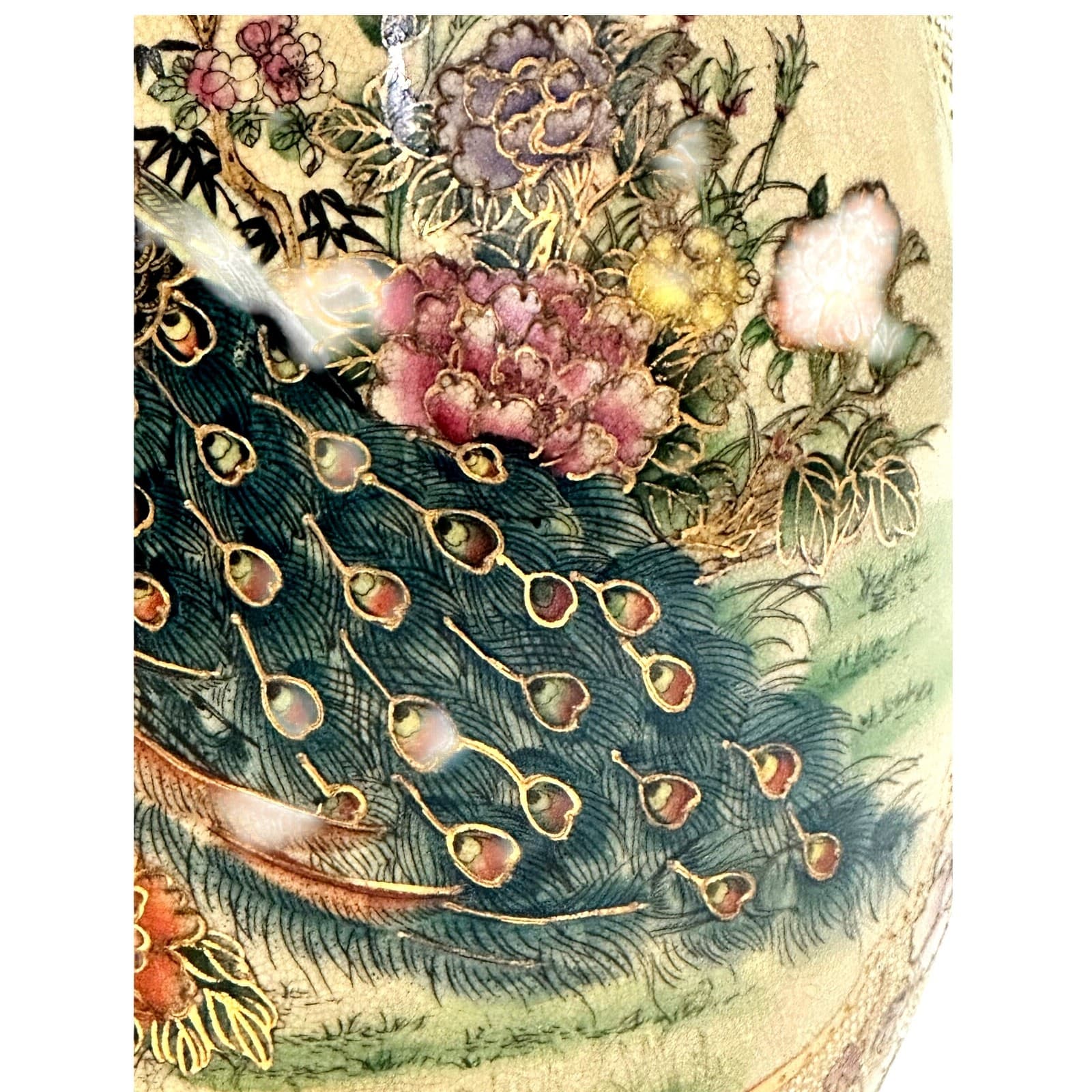 Japanese Satsuma Moriage Hand Painted 16.25" Egg Peacock Design Gold Gilt Work - Thumbnail 6