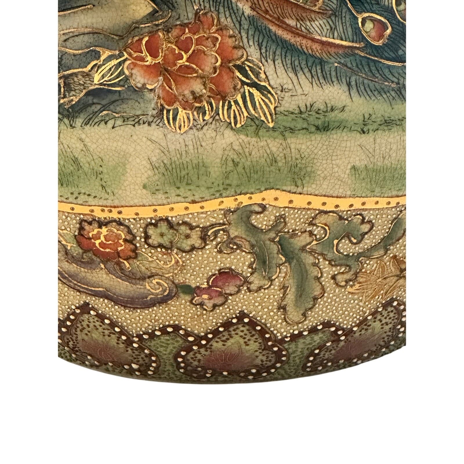 Japanese Satsuma Moriage Hand Painted 16.25" Egg Peacock Design Gold Gilt Work - Thumbnail 12