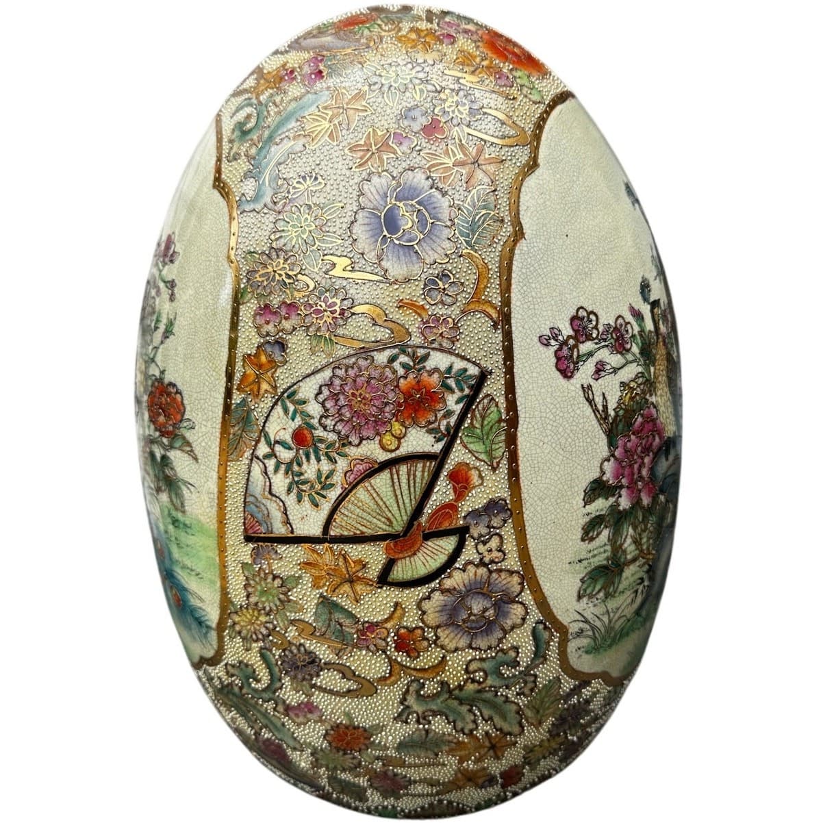 Japanese Satsuma Moriage Hand Painted 16.25" Egg Peacock Design Gold Gilt Work - Thumbnail 11