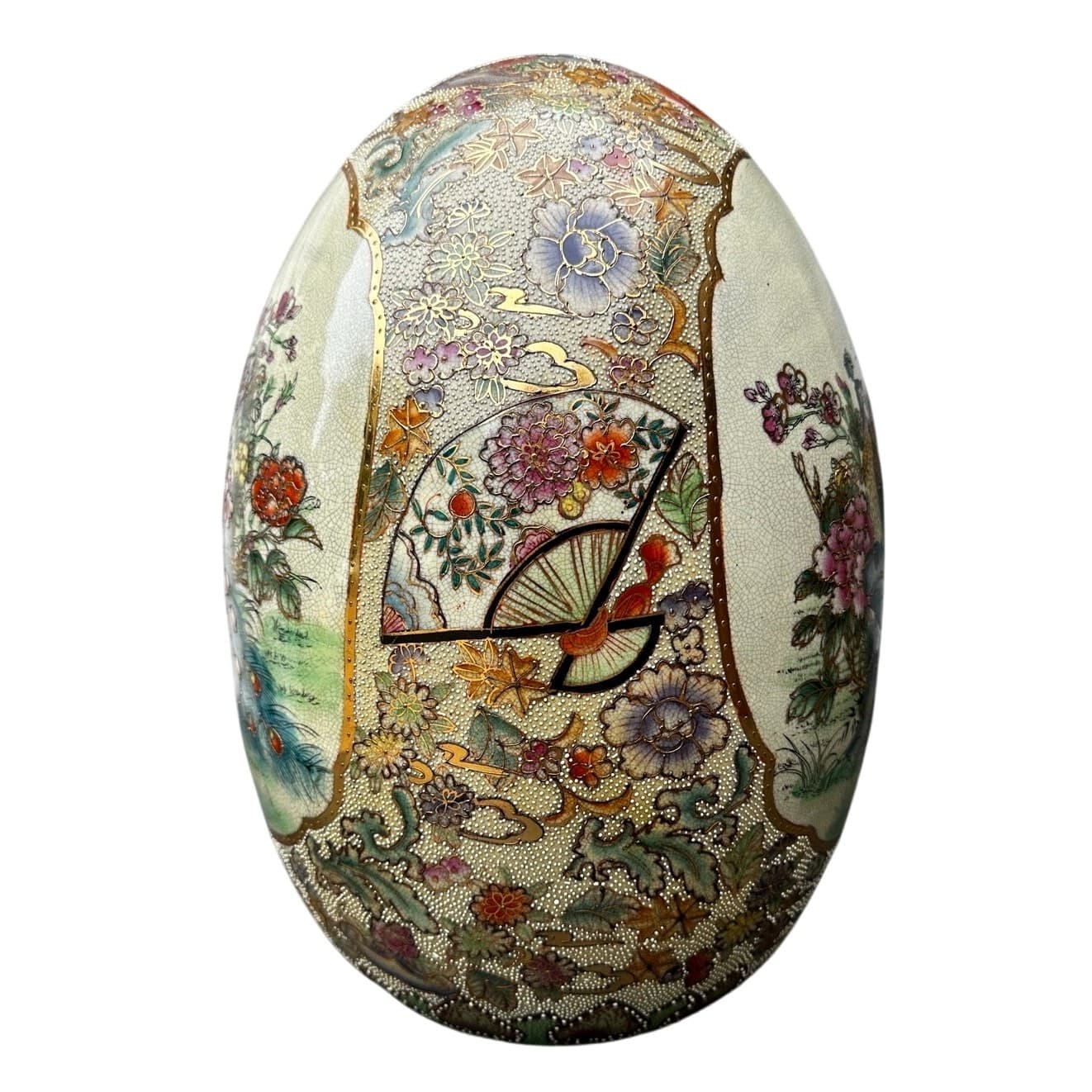 Japanese Satsuma Moriage Hand Painted 16.25" Egg Peacock Design Gold Gilt Work - Thumbnail 7