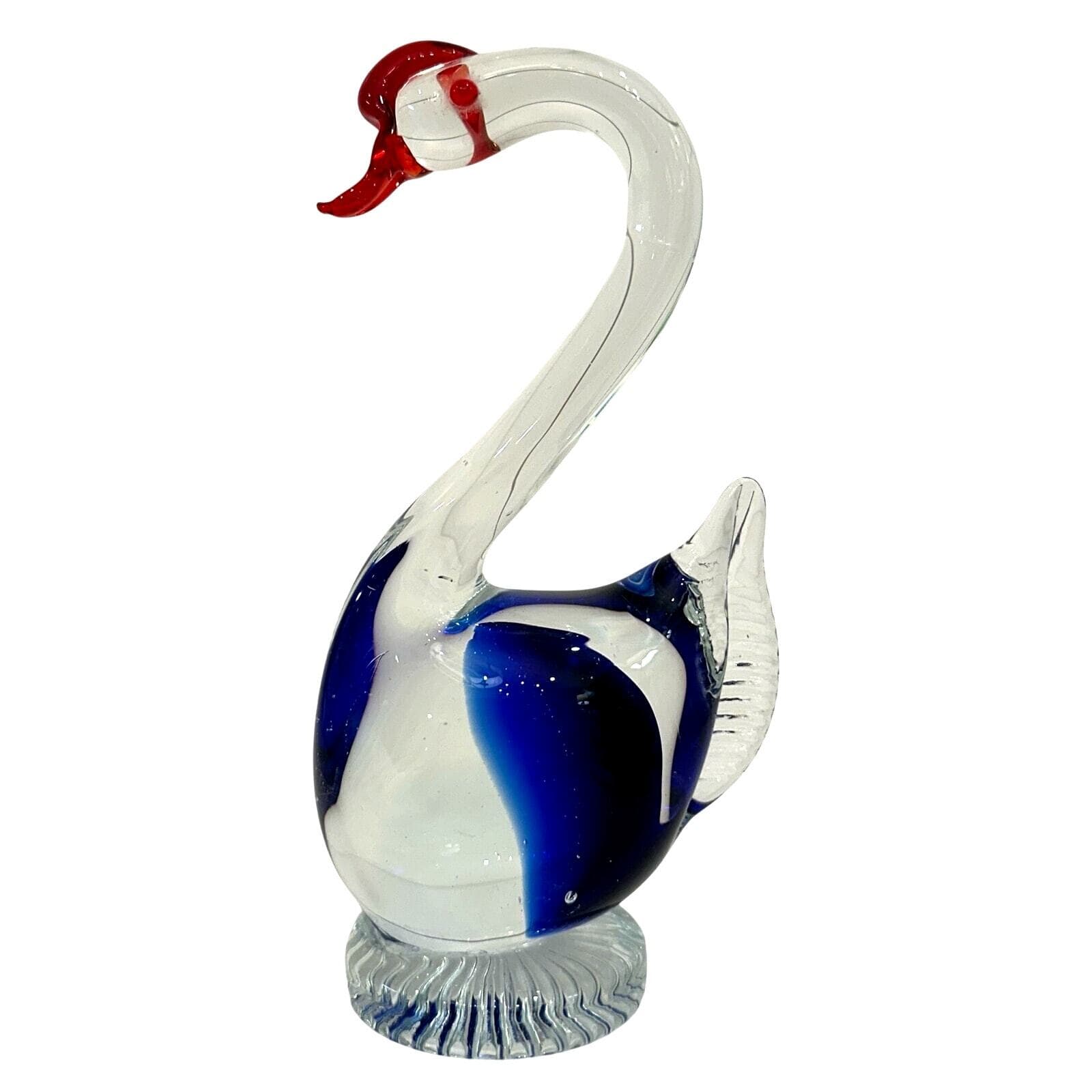 Art Glass Blown Swan Figure with Clear/Blue Glass Body and Bright Red Bill-Nice! - Thumbnail 2
