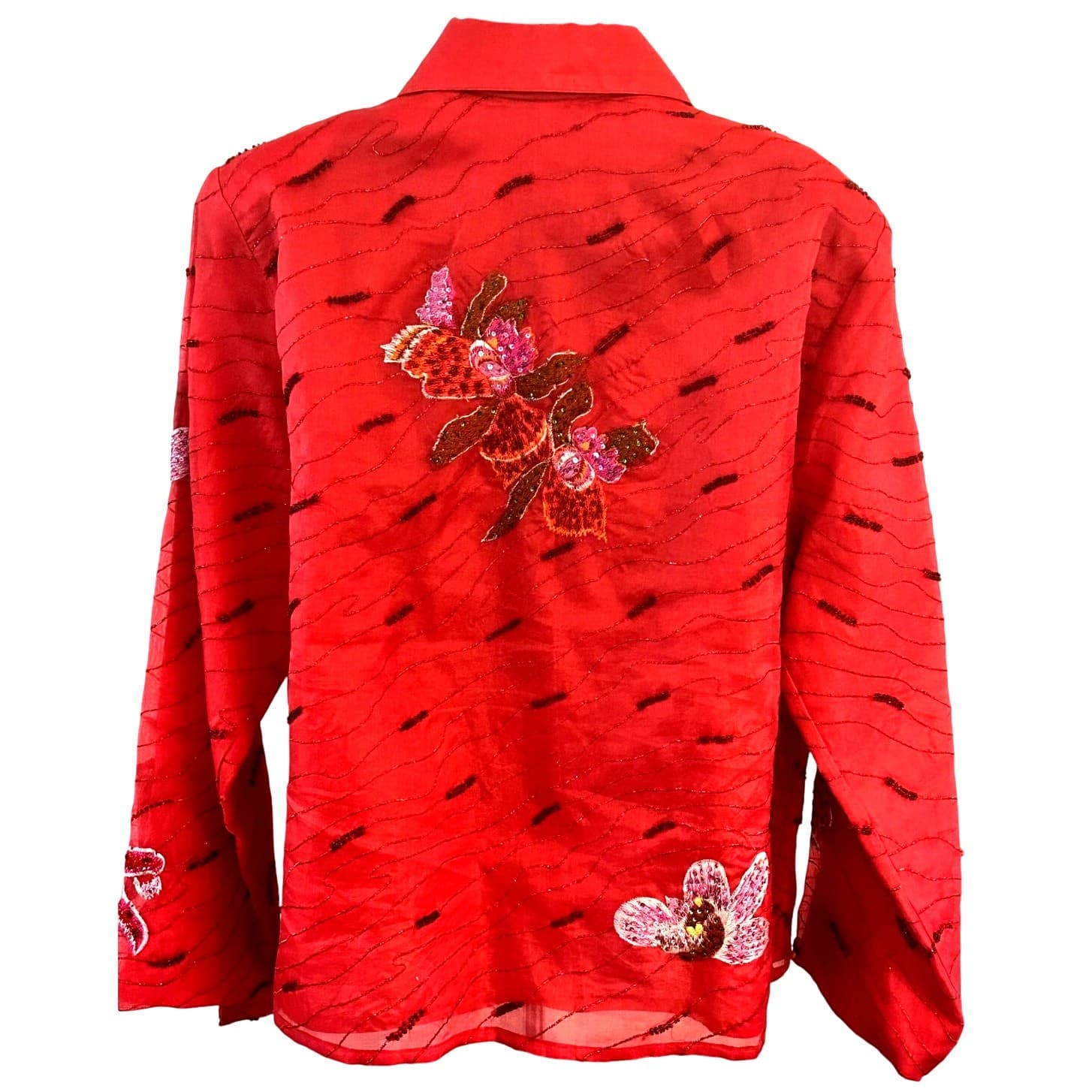 Anage Red Sequined Embroidered Flowers & Beaded XL Silk Blouse Shirt Vintage - Thumbnail 3