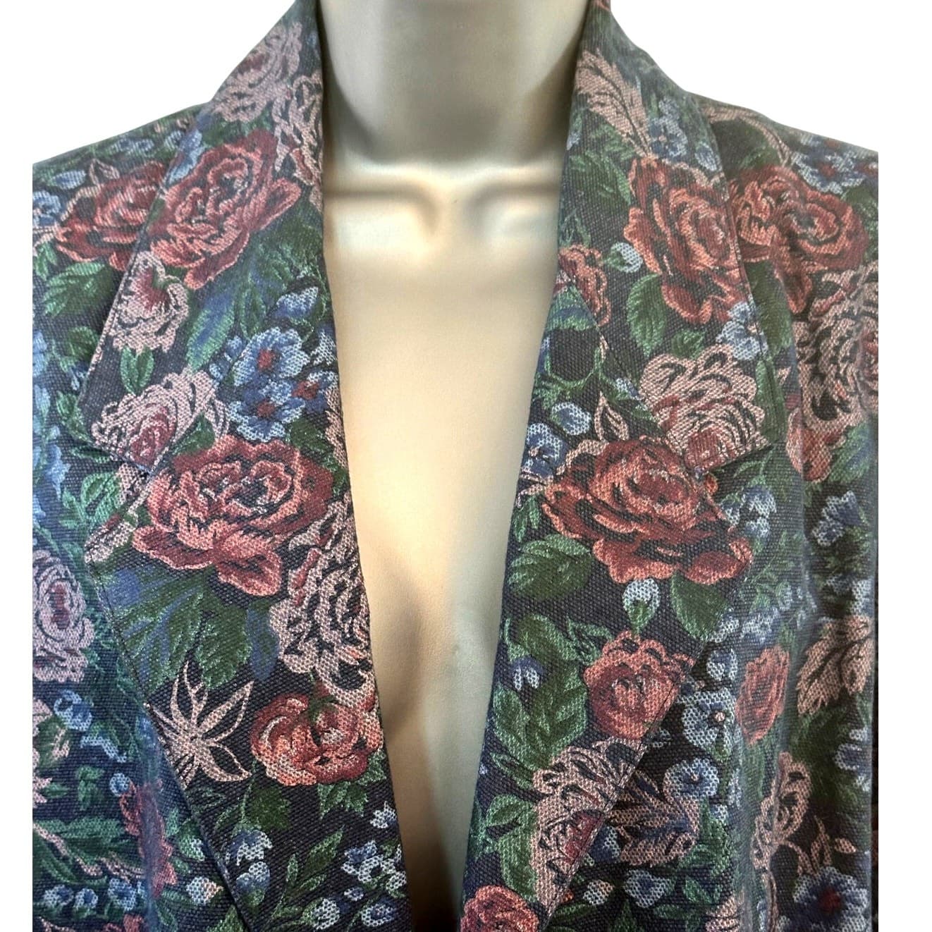 Handmade Floral Print Denim Dark Cabbage Rose Woman’s Jacket Very Good Condition - Thumbnail 2