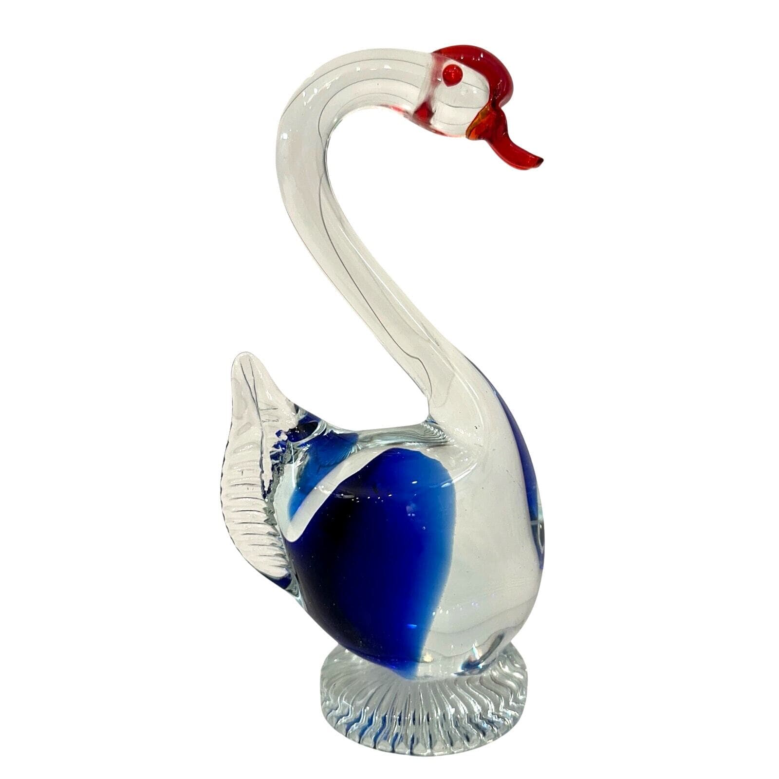 Art Glass Blown Swan Figure with Clear/Blue Glass Body and Bright Red Bill-Nice! - Thumbnail 4