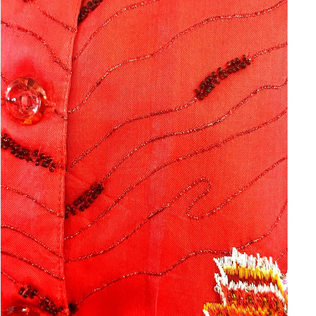 Anage Red Sequined Embroidered Flowers & Beaded XL Silk Blouse Shirt Vintage - Thumbnail 6