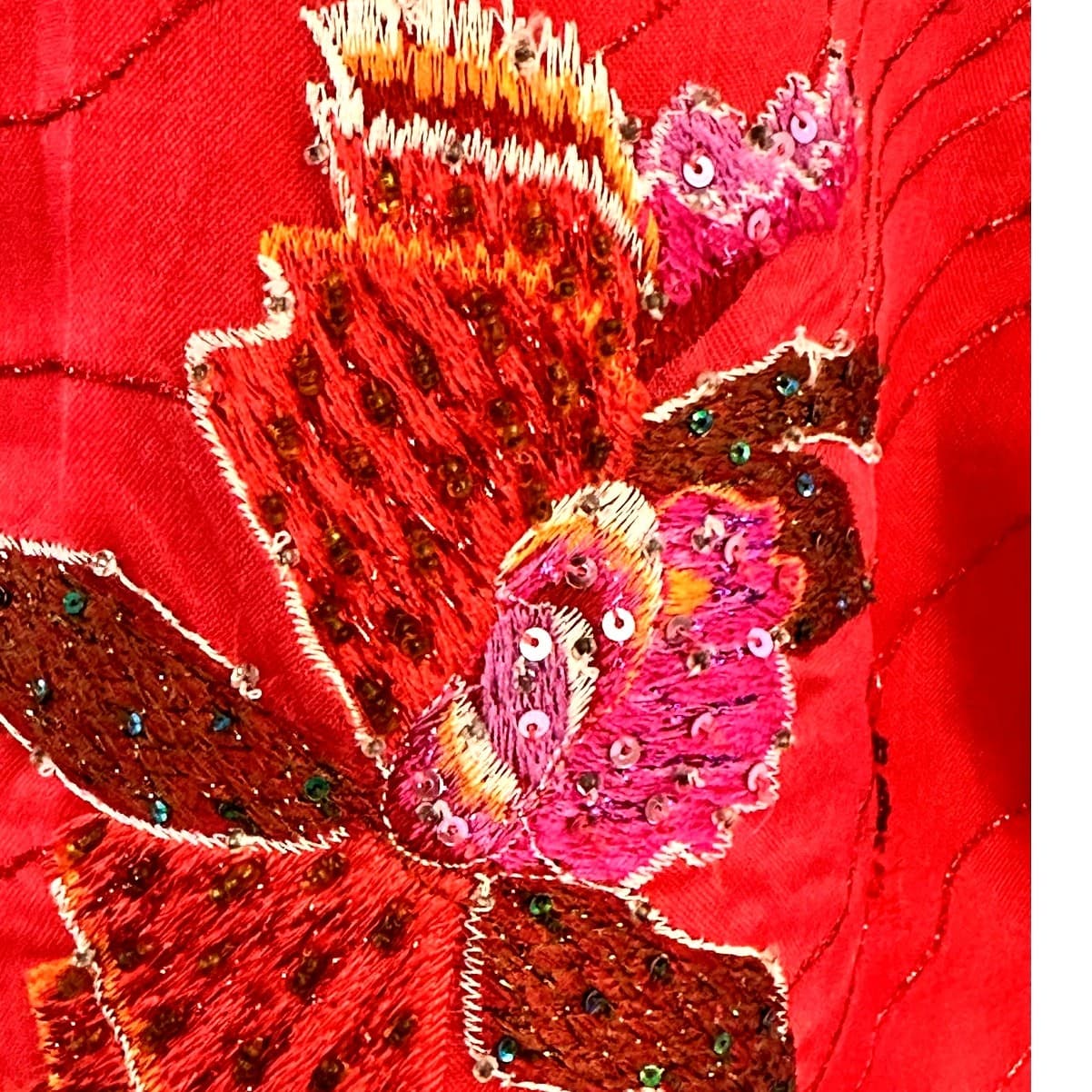Anage Red Sequined Embroidered Flowers & Beaded XL Silk Blouse Shirt Vintage - Thumbnail 5
