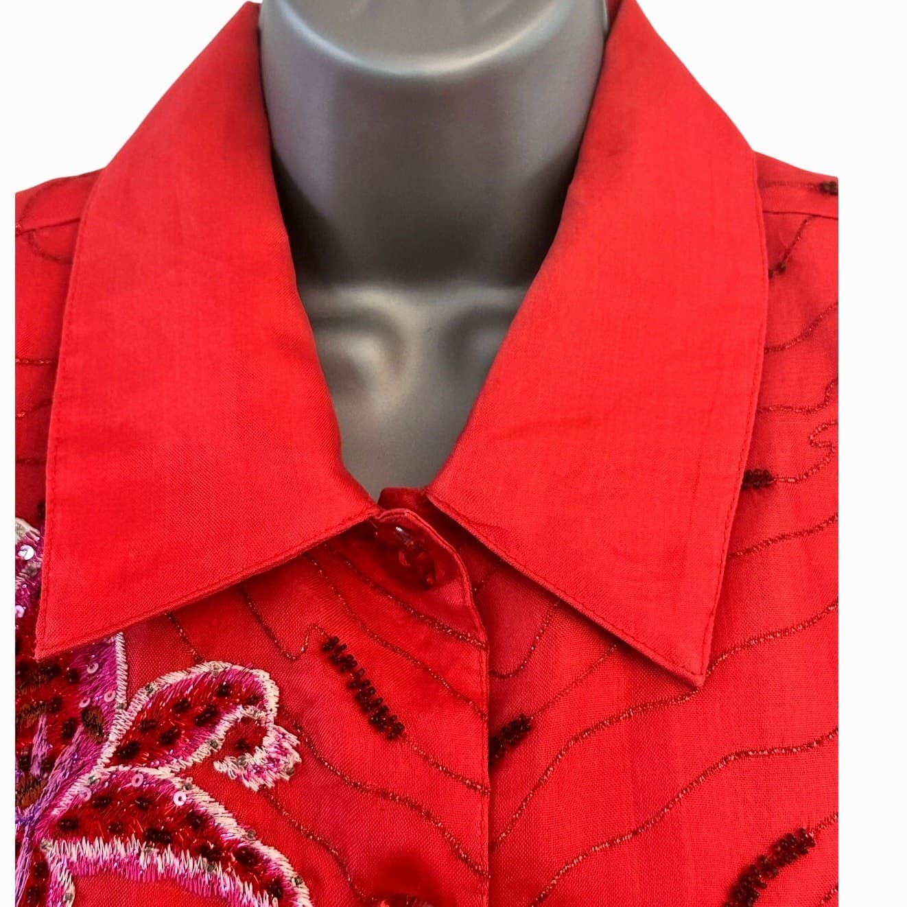 Anage Red Sequined Embroidered Flowers & Beaded XL Silk Blouse Shirt Vintage - Thumbnail 4